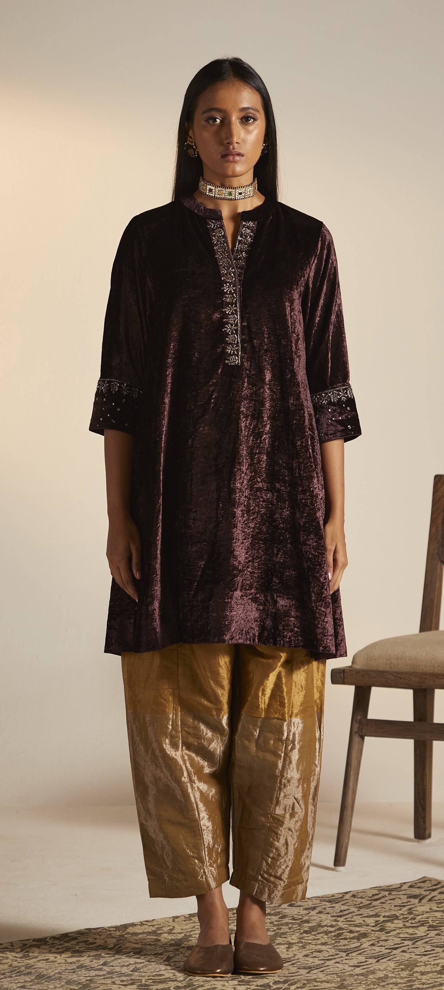 Mini Kurta in Plum Velvet with Shalwar