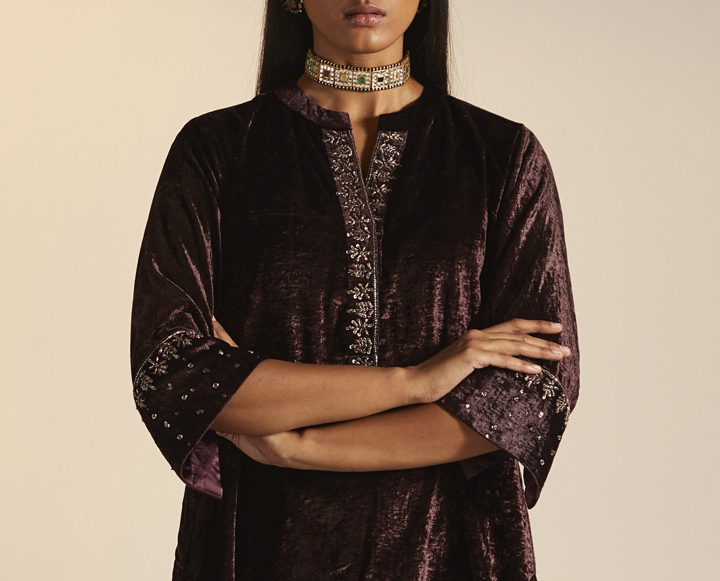 Mini Kurta in Plum Velvet with Shalwar