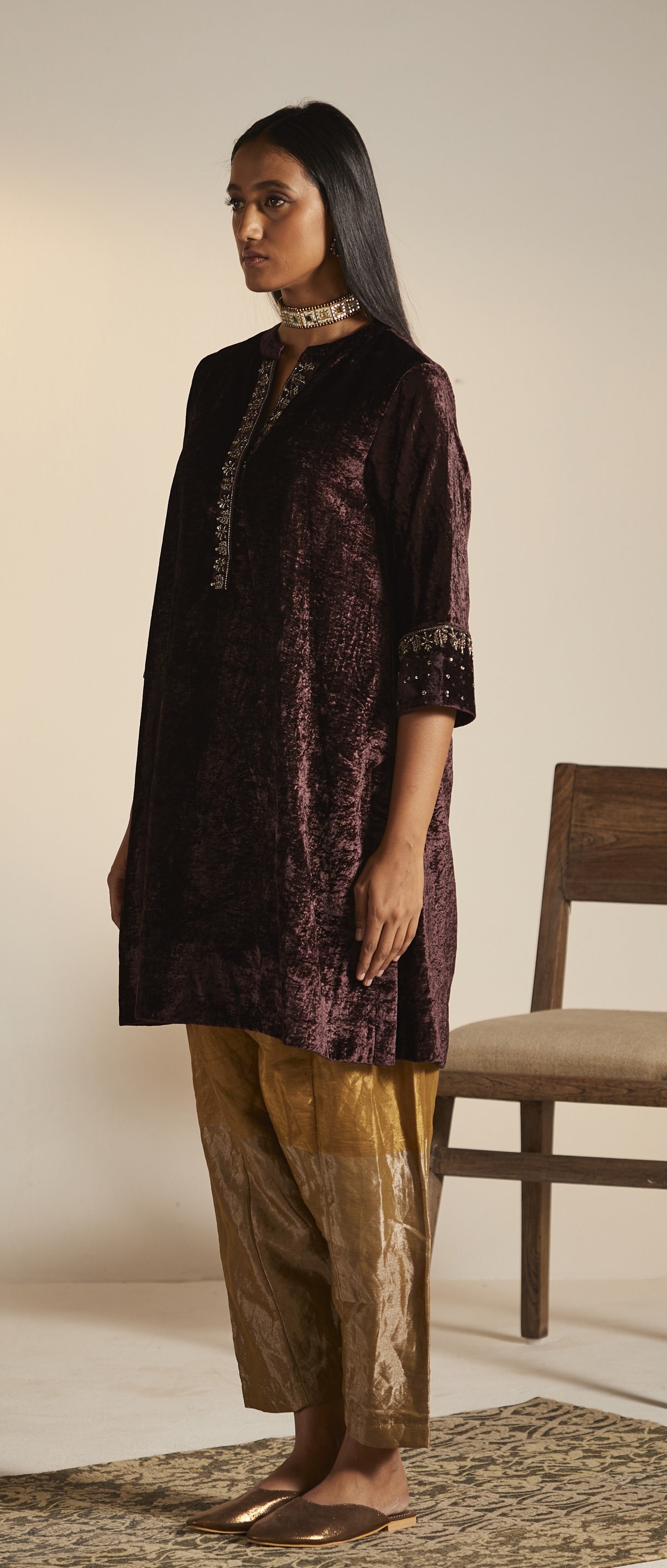 Mini Kurta in Plum Velvet with Shalwar