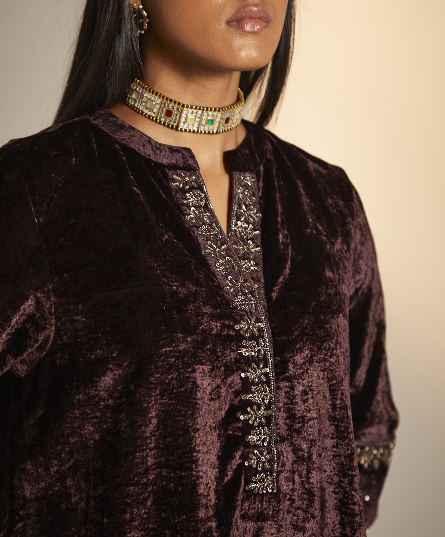 Mini Kurta in Plum Velvet with Shalwar