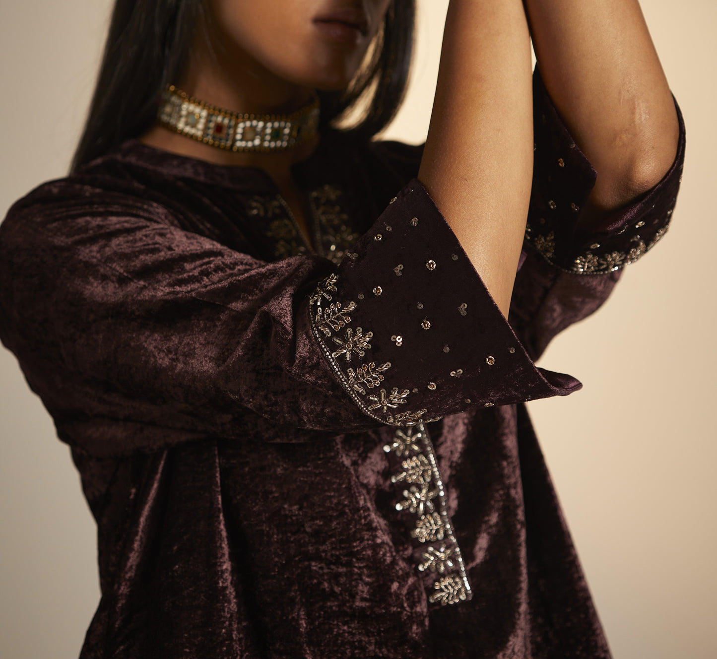 Mini Kurta in Plum Velvet with Shalwar
