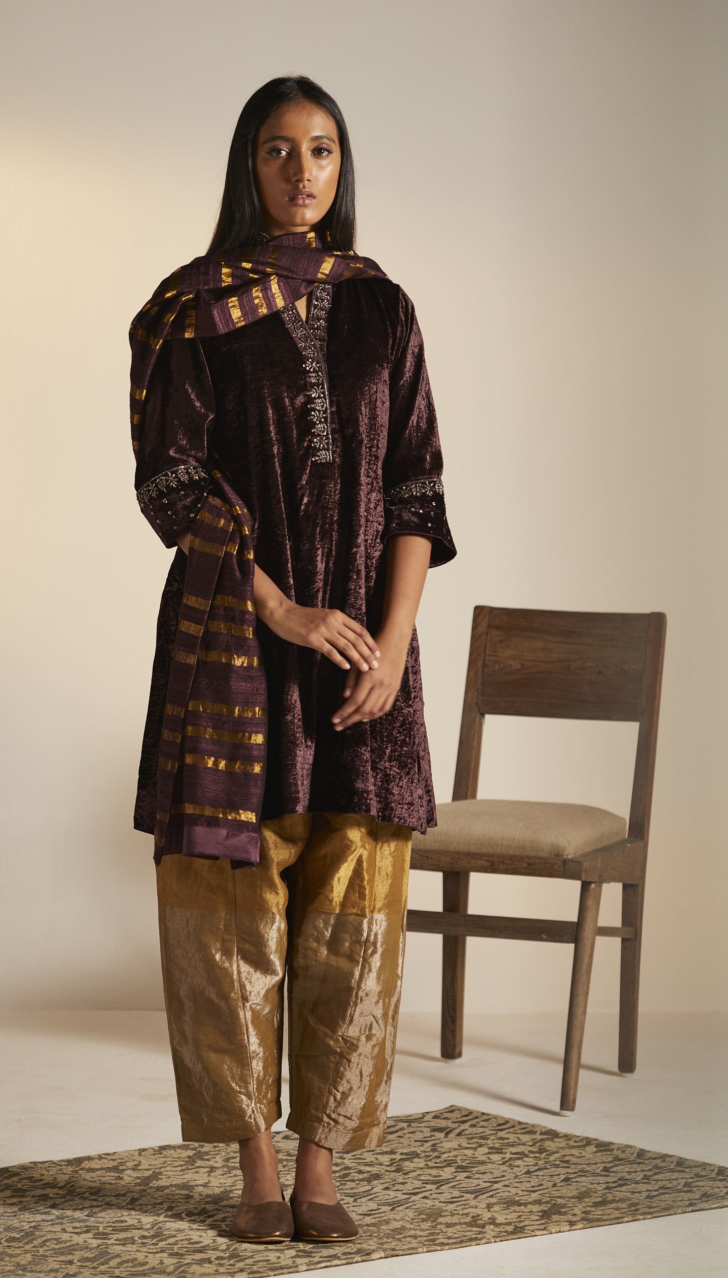 Mini Kurta in Plum Velvet with Shalwar