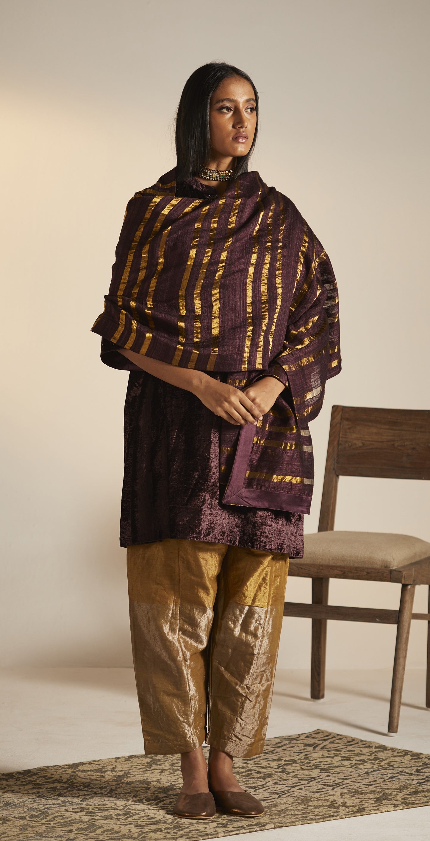 Dupatta in Wine pure Silk and Zari stripes