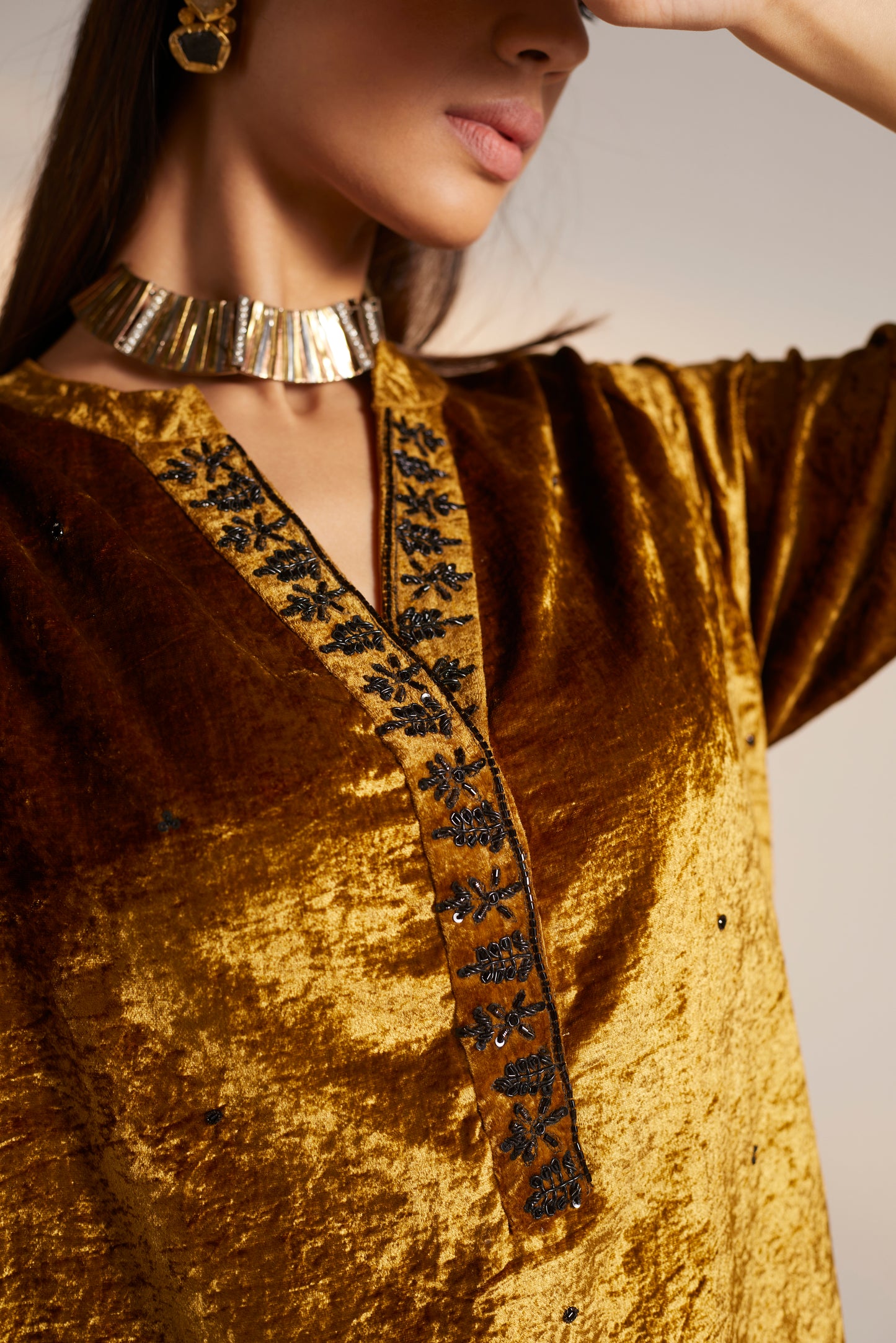 Mini Kurta in Gold Velvet with Palazzo