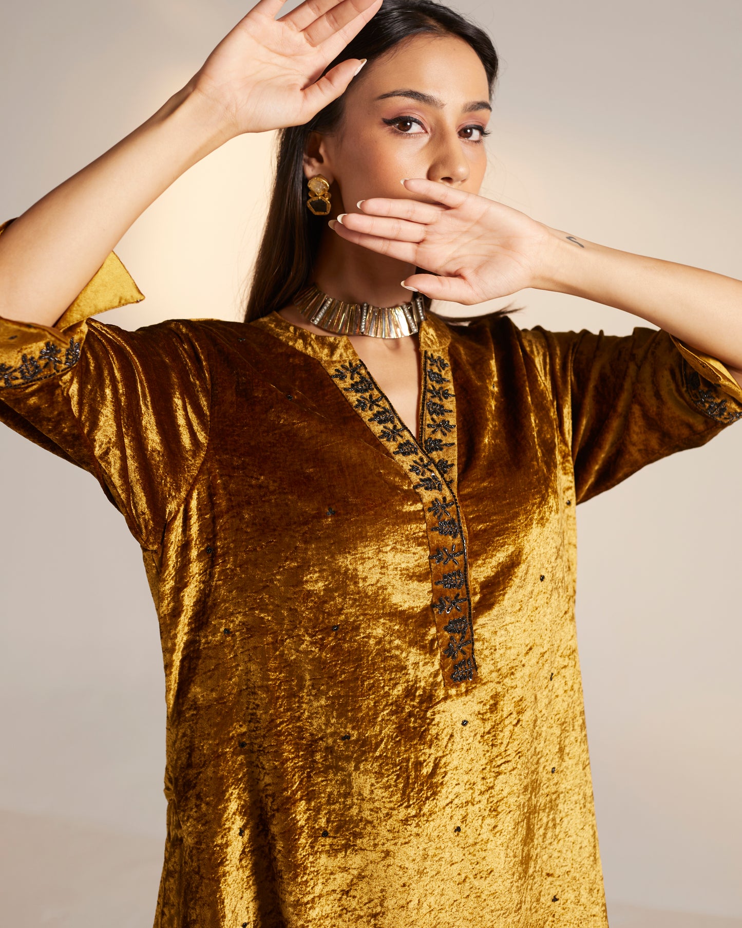 Mini Kurta in Gold Velvet with Palazzo