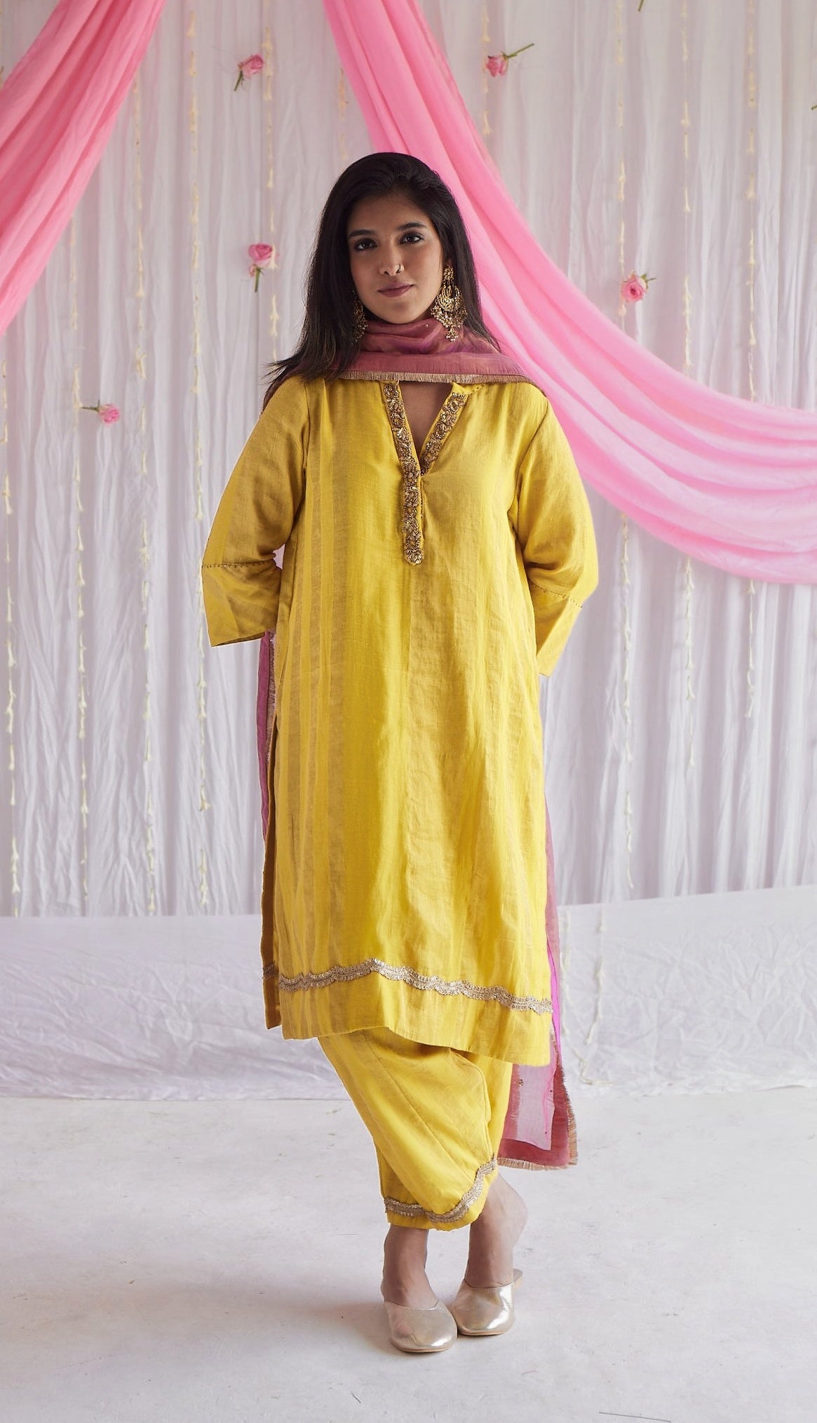 Mini Kurta in Marigold Yellow Tissue Stripes Cotton with Shalwar and Dupatta