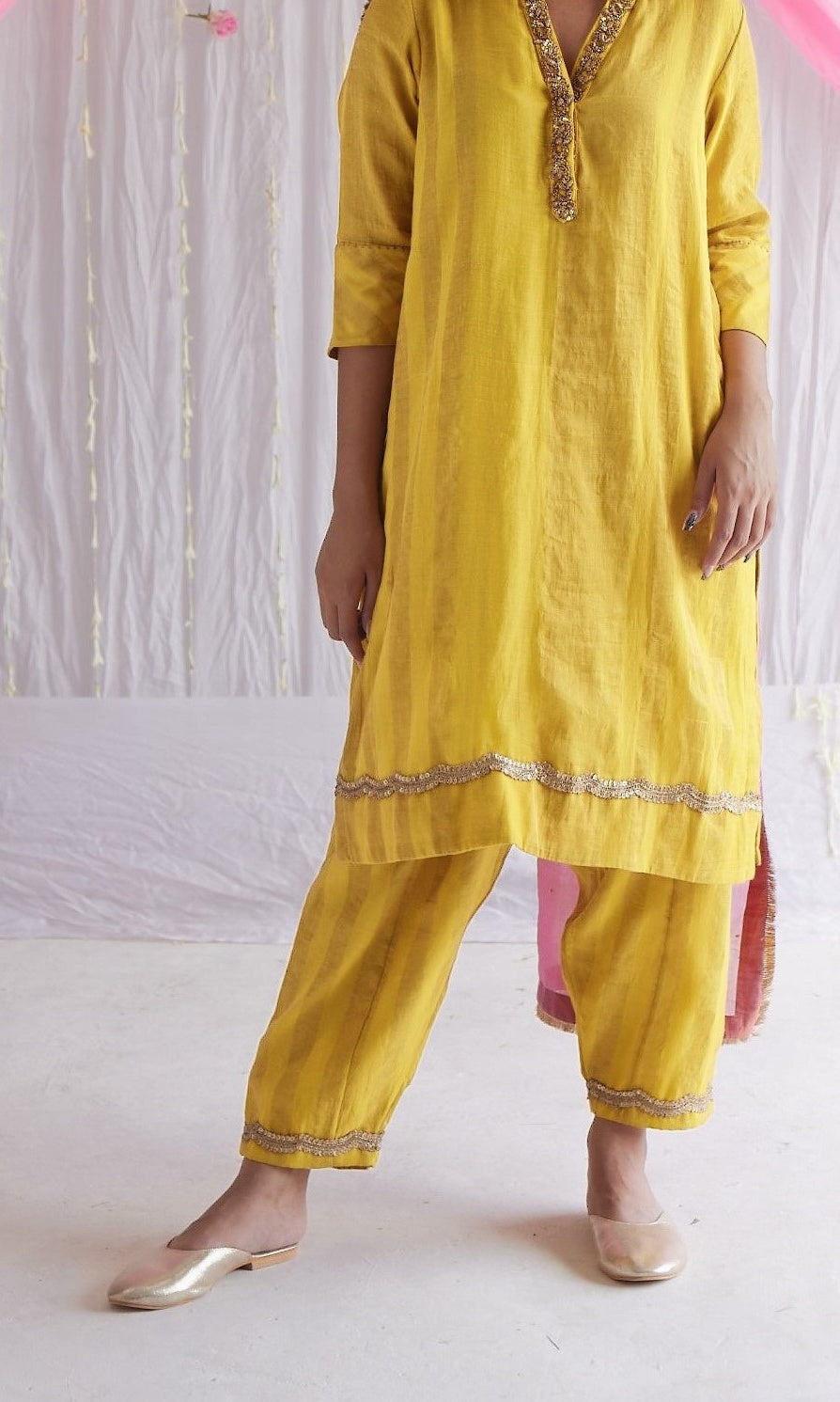 Mini Kurta in Marigold Yellow Tissue Stripes Cotton with Shalwar and Dupatta