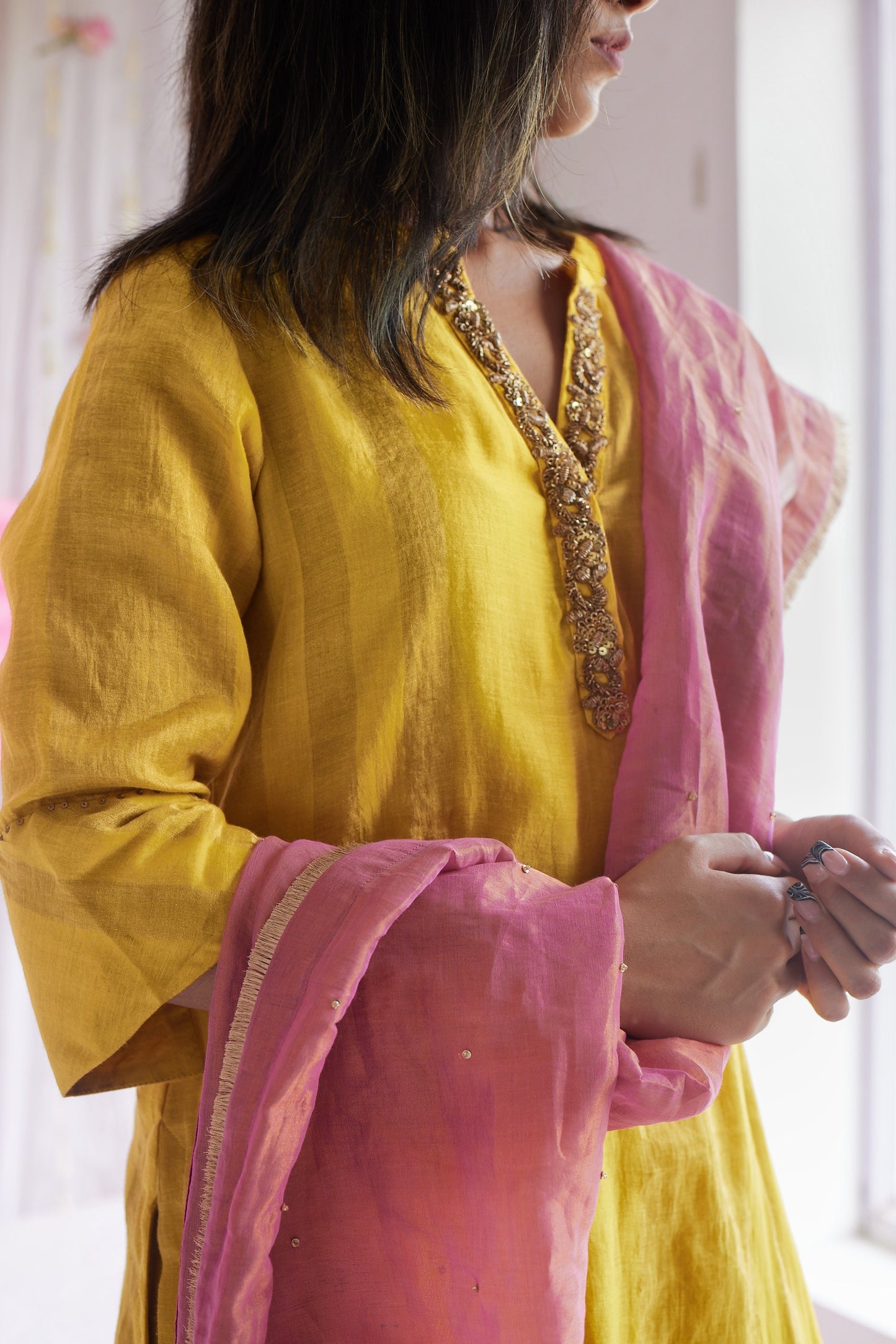 Mini Kurta in Marigold Yellow Tissue Stripes Cotton with Shalwar and Dupatta