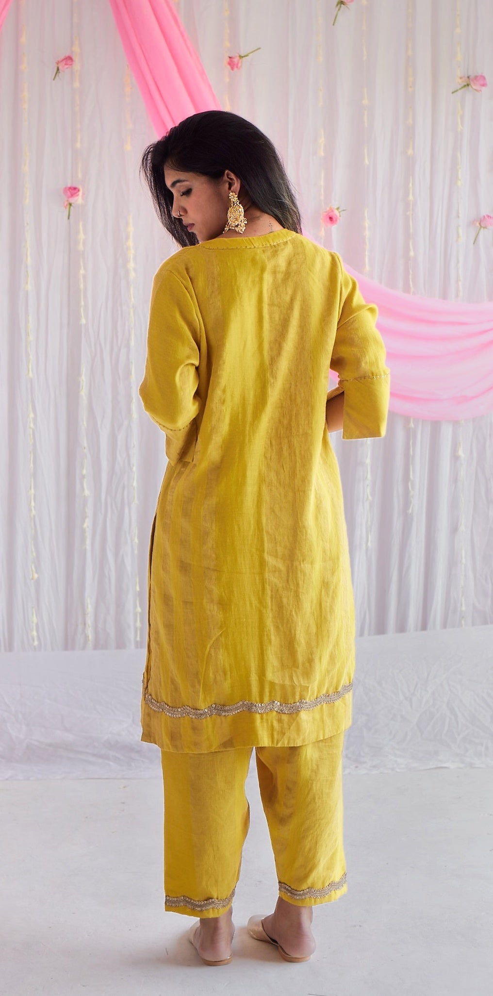 Mini Kurta in Marigold Yellow Tissue Stripes Cotton with Shalwar and Dupatta
