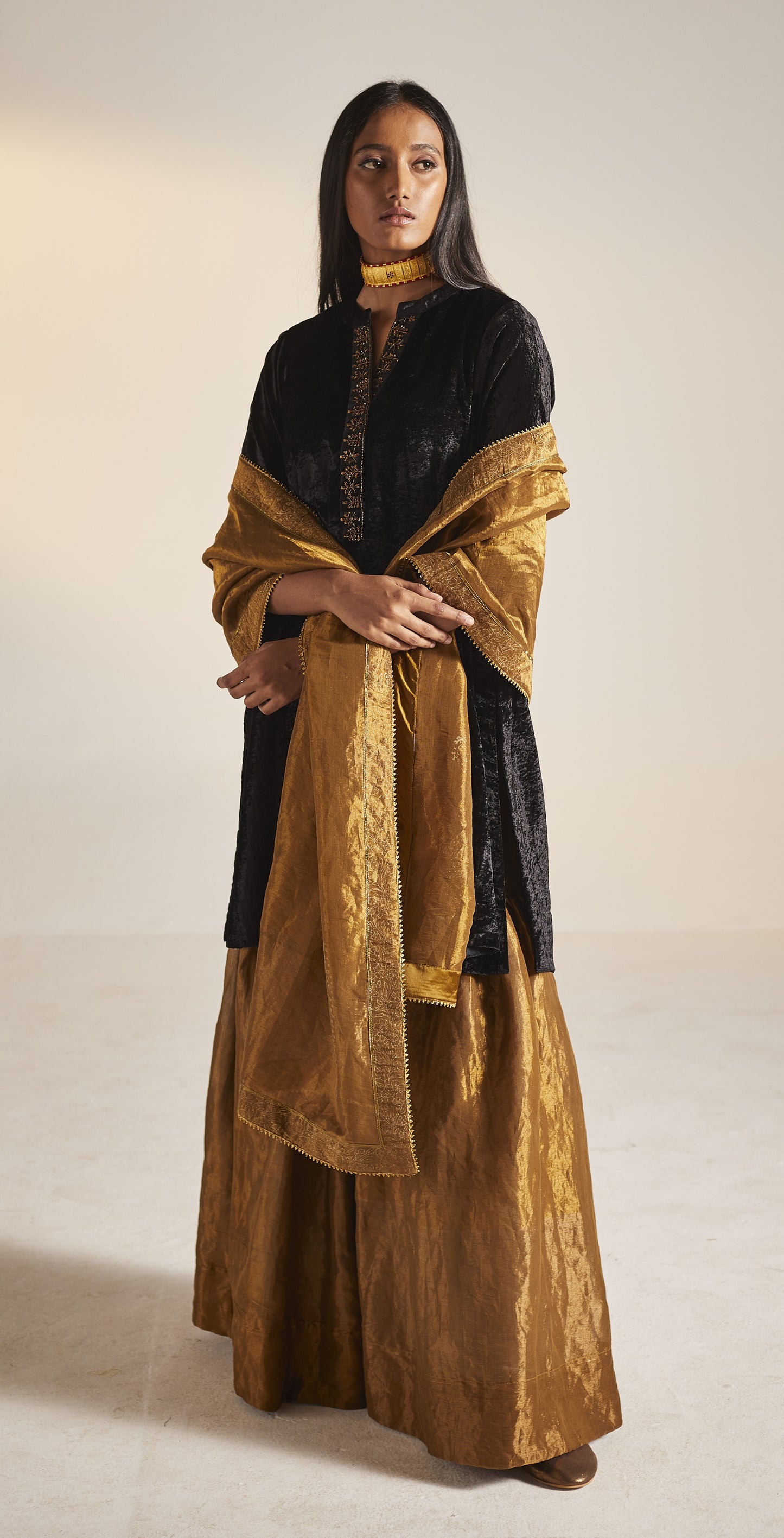Mini Kurta in Black Velvet with Sharara