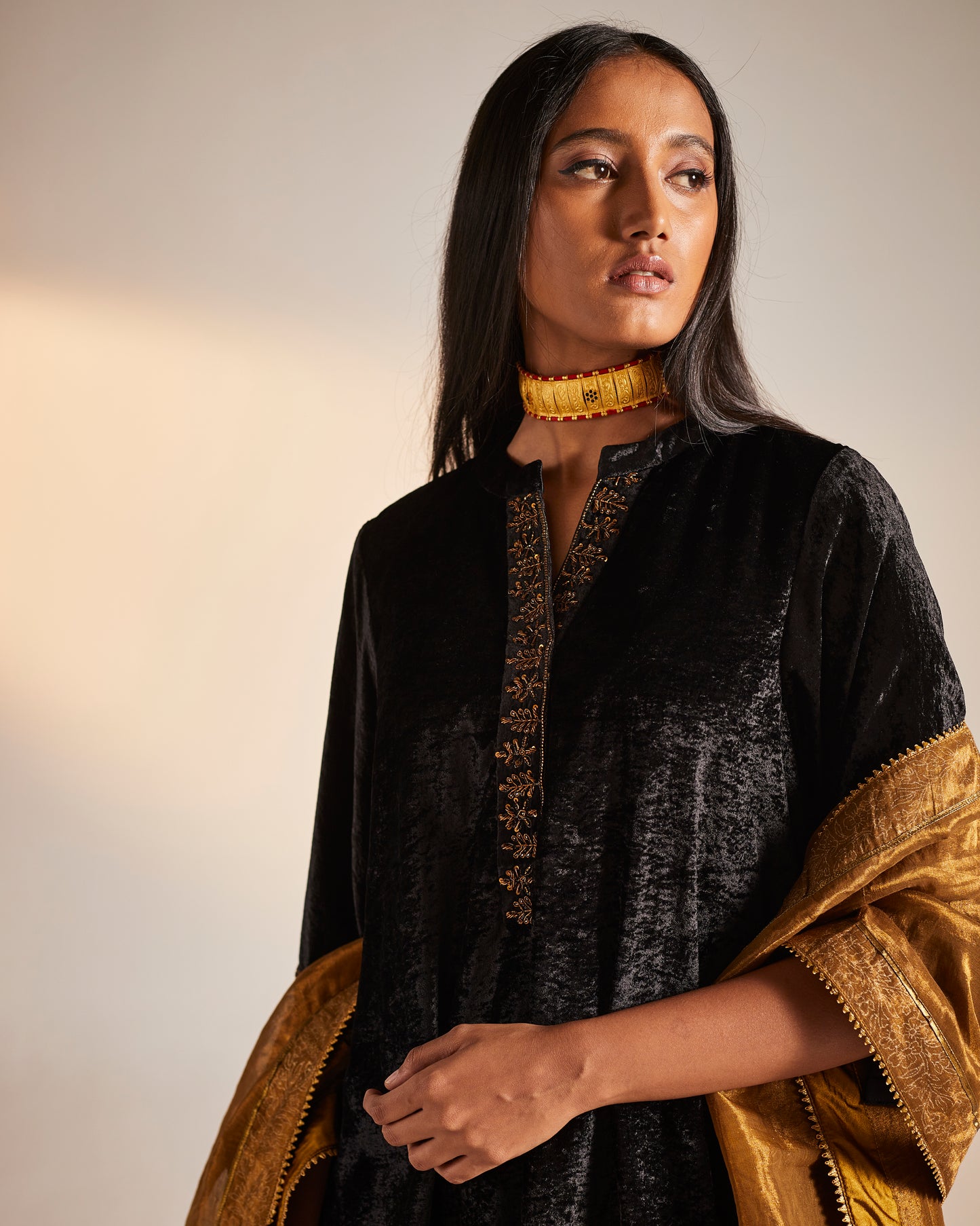 Mini Kurta in Black Velvet with Sharara