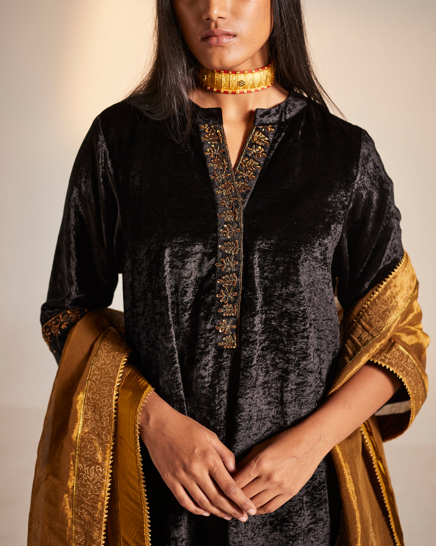 Mini Kurta in Black Velvet with Sharara