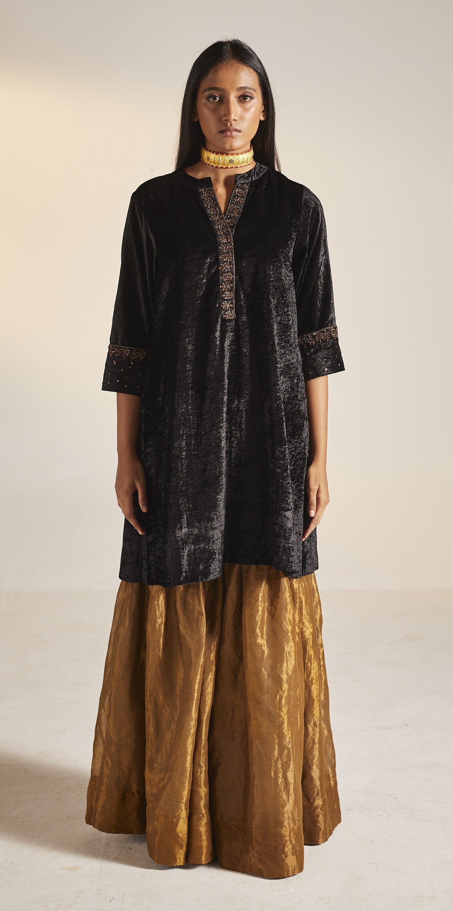 Mini Kurta in Black Velvet with Sharara