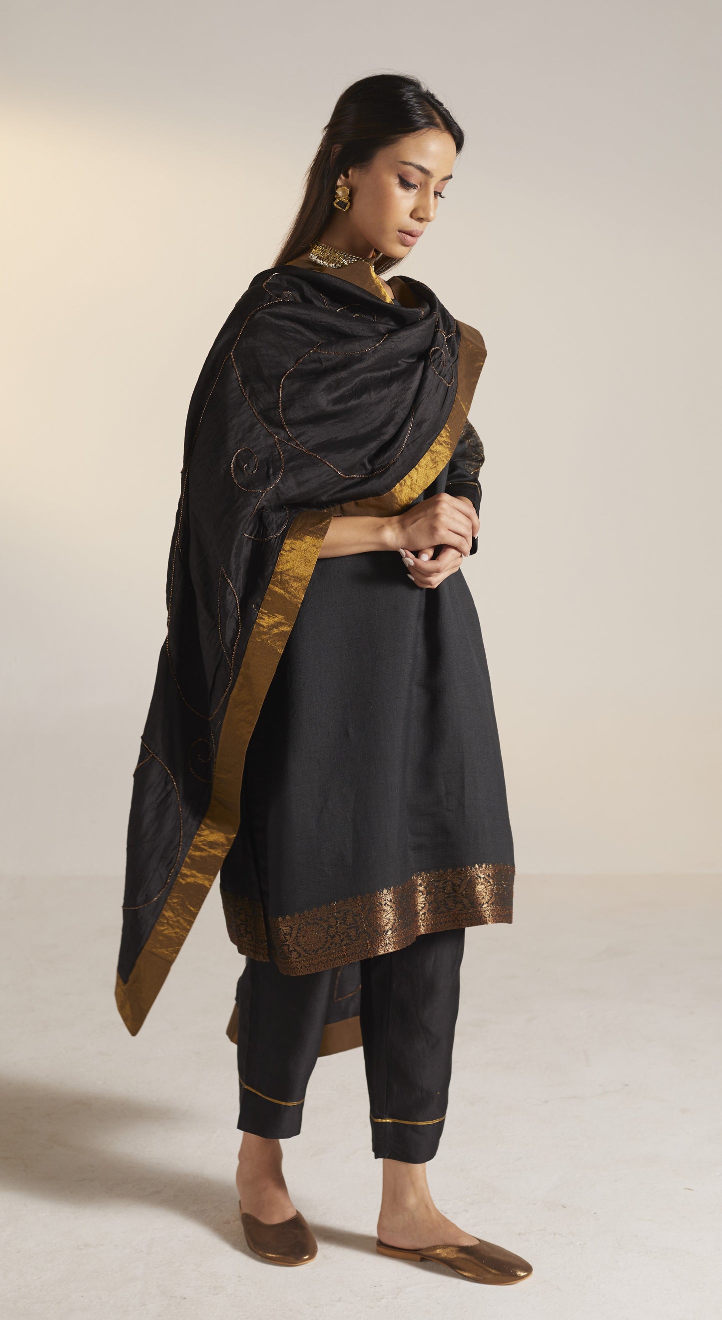 HK Kurta in Black Benarasi Silk with Pants