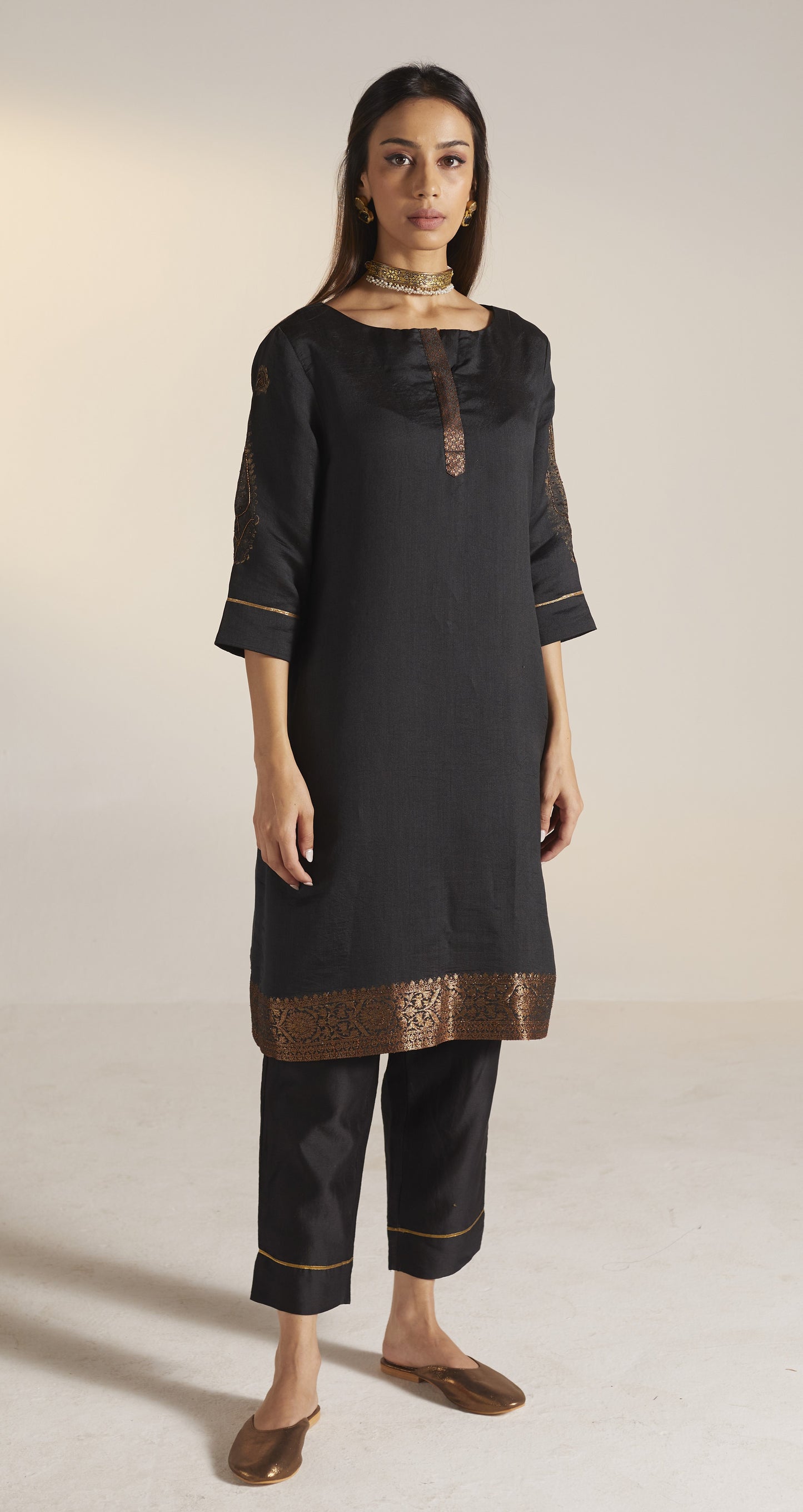 HK Kurta in Black Benarasi Silk with Pants