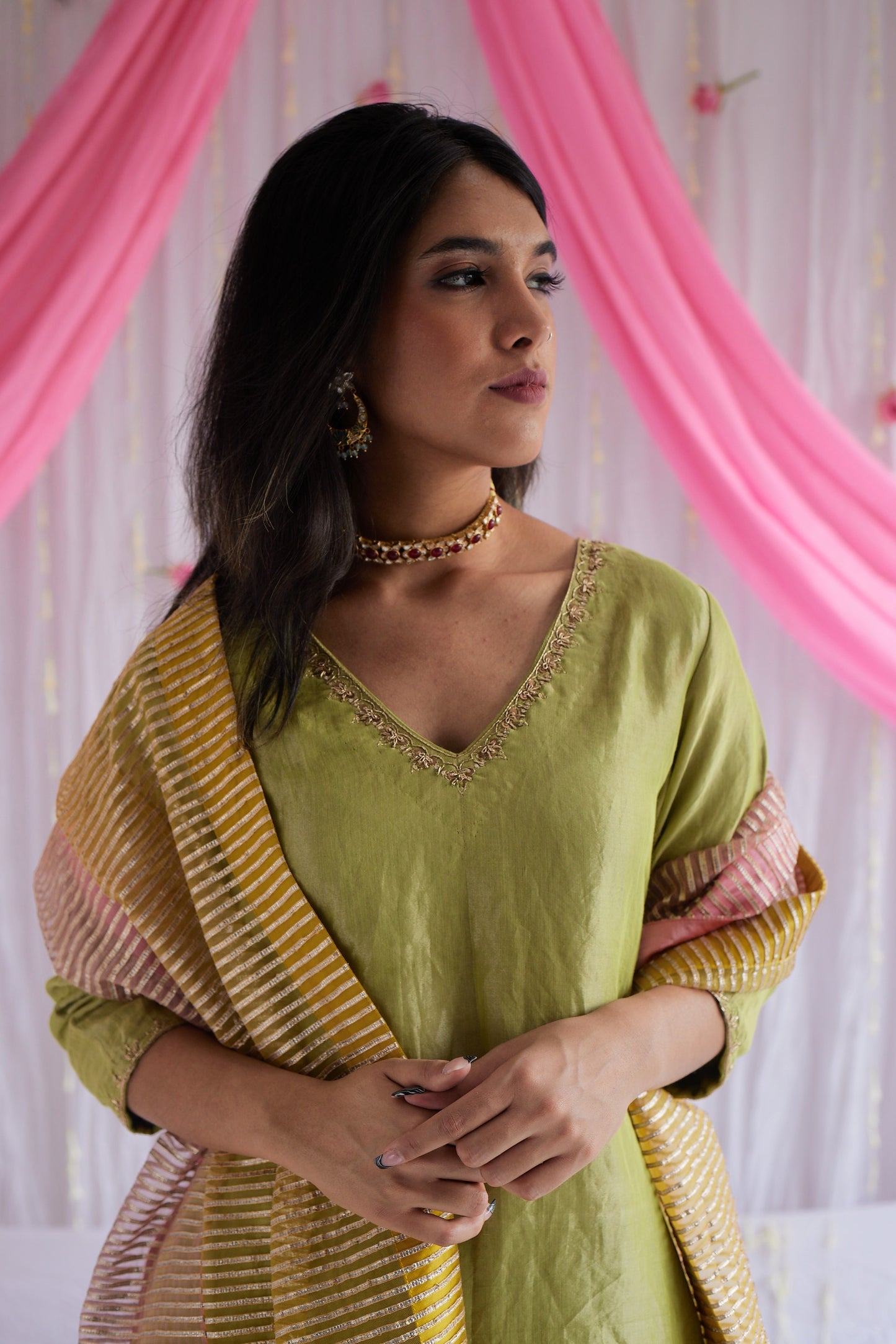 Anu Kurta in Citrus Green Tissue with Pants and Dupatta