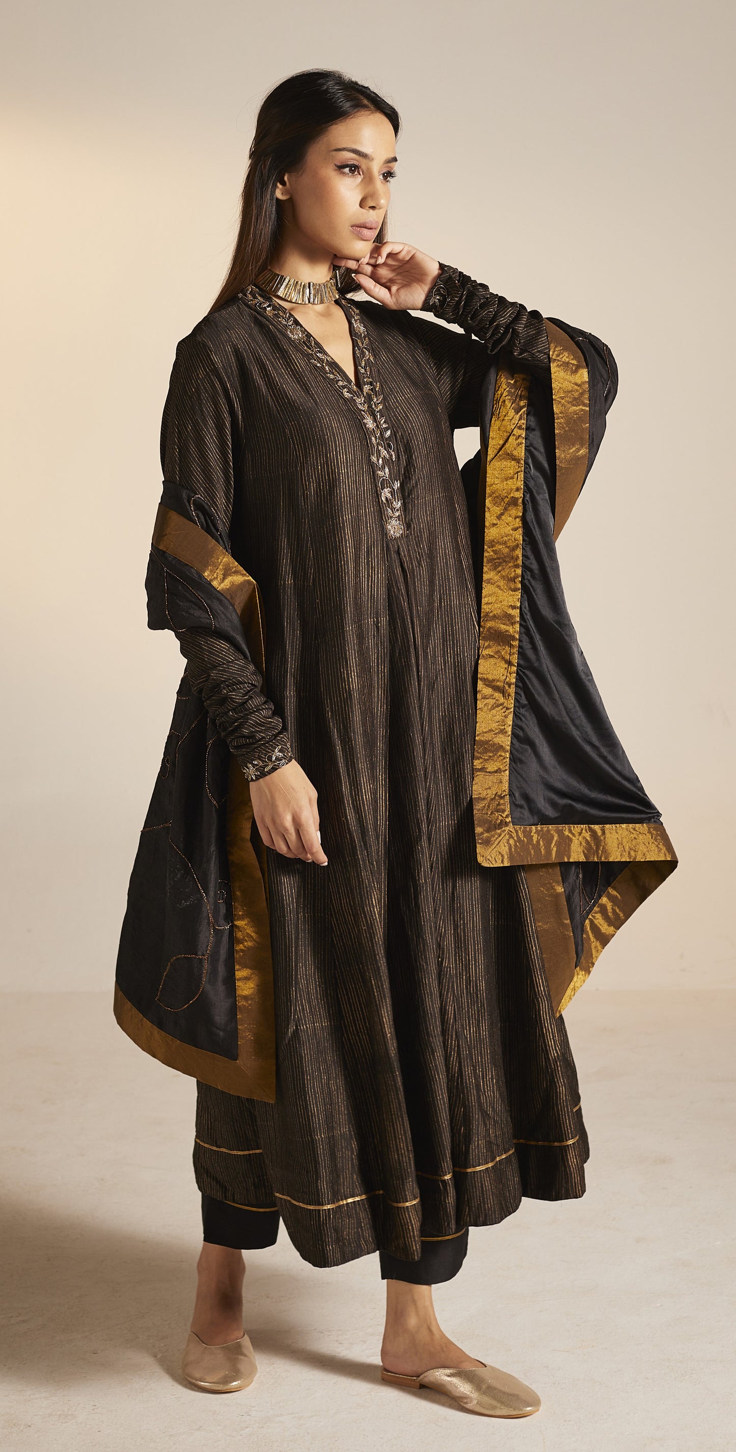 Sashiko in Black Stripe Print Chanderi with Pants