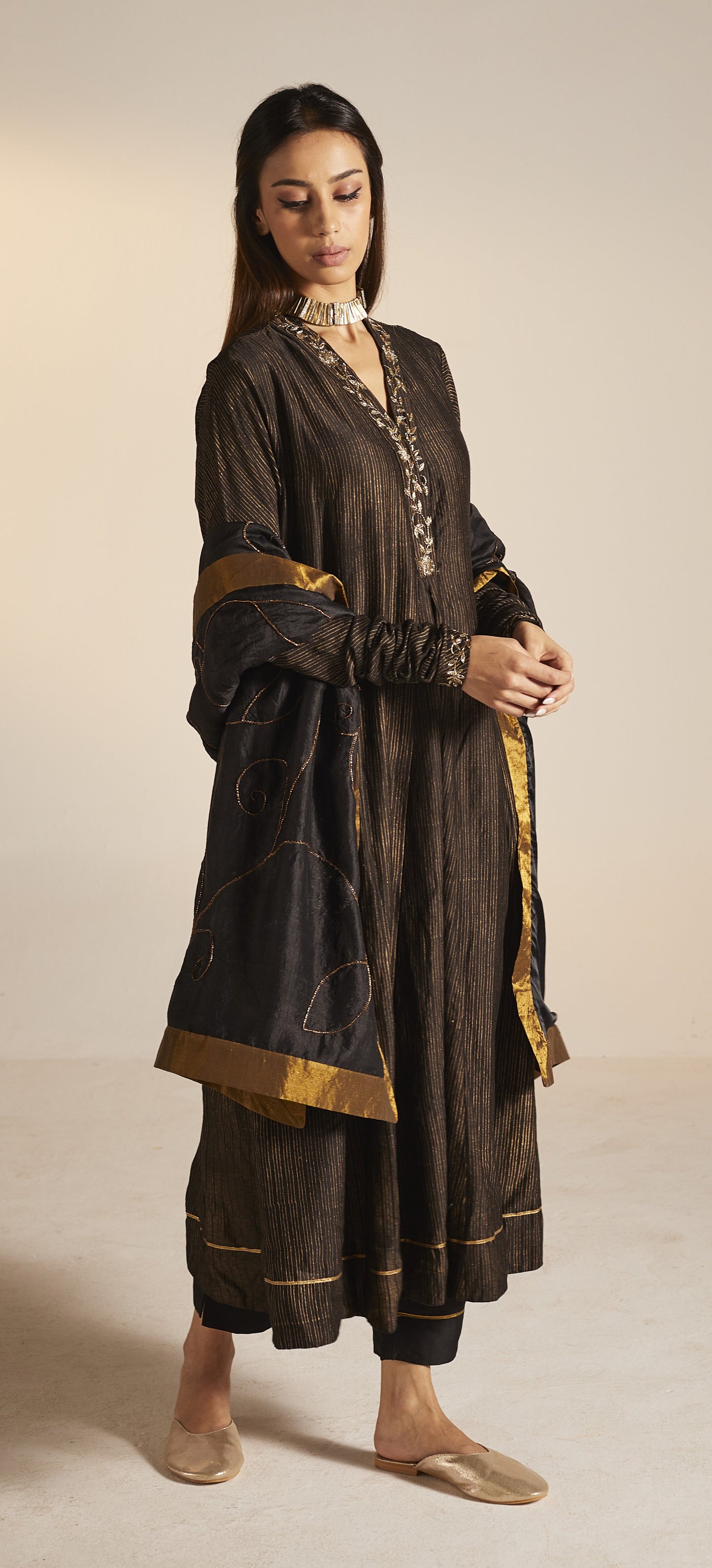 Sashiko in Black Stripe Print Chanderi with Pants
