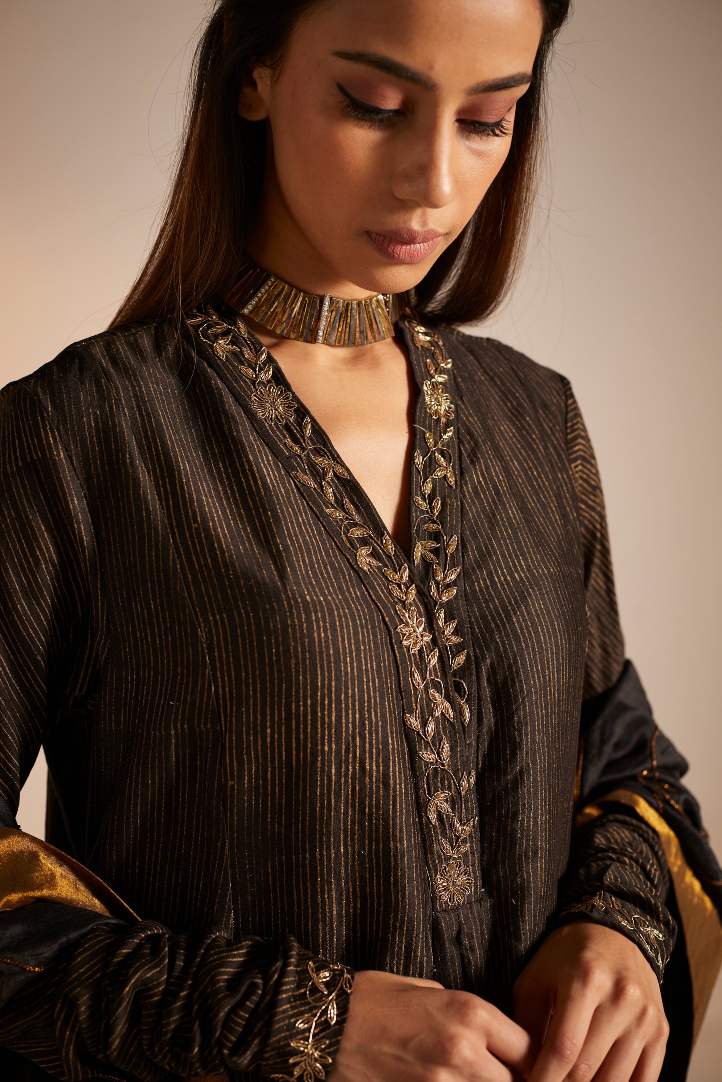 Sashiko in Black Stripe Print Chanderi with Pants