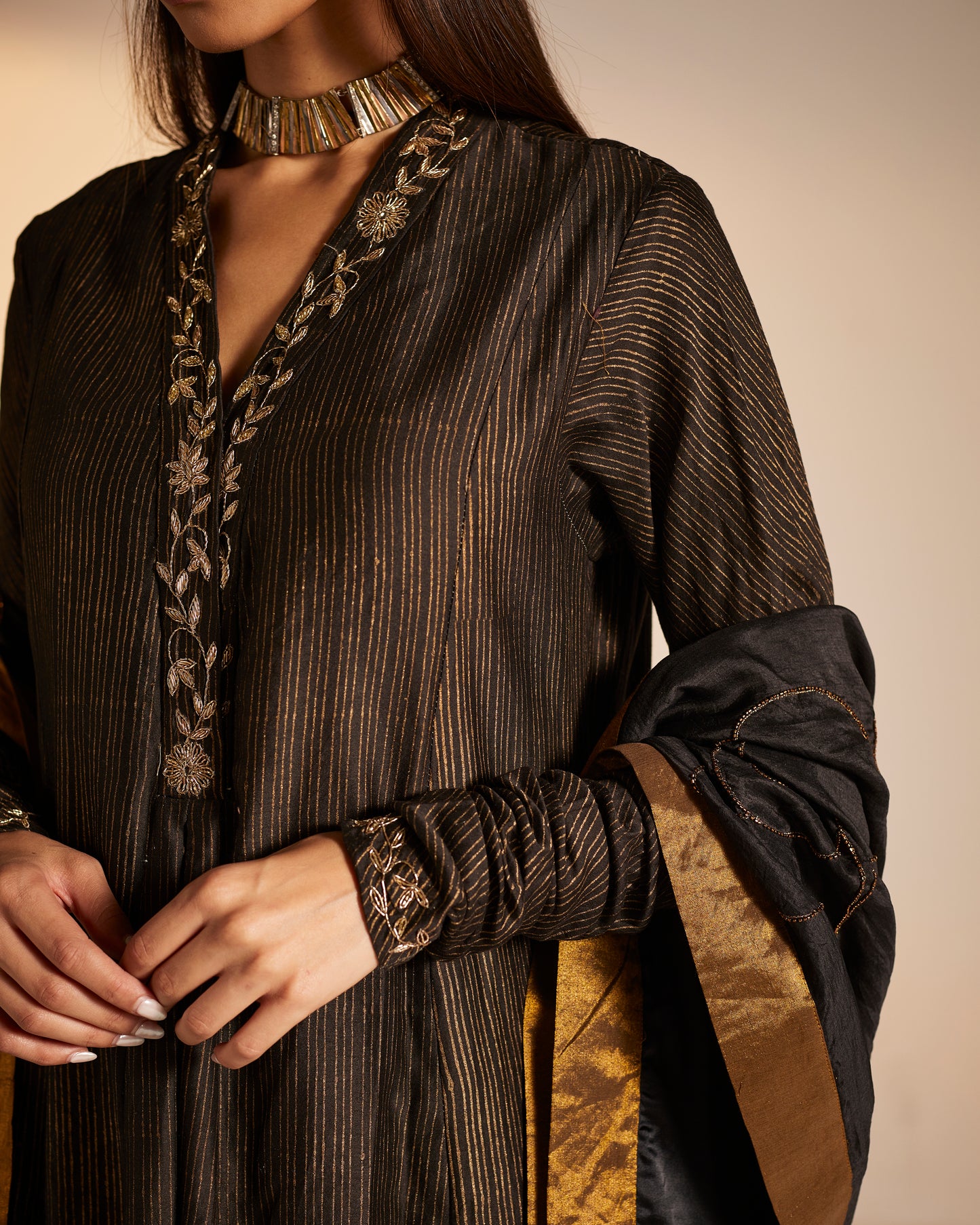 Sashiko in Black Stripe Print Chanderi with Pants