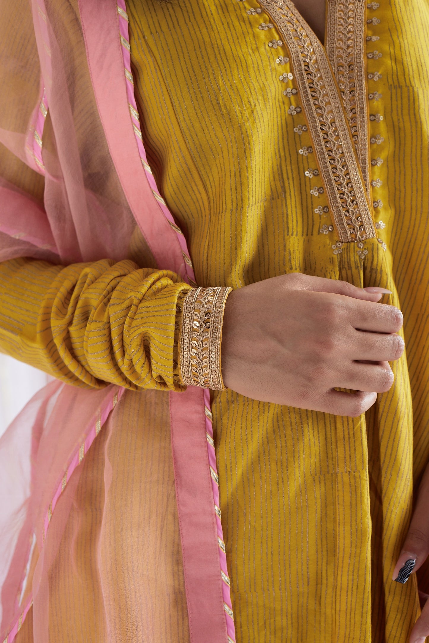 Sashiko in Marigold Yellow Stripe Print Chanderi with Pants.