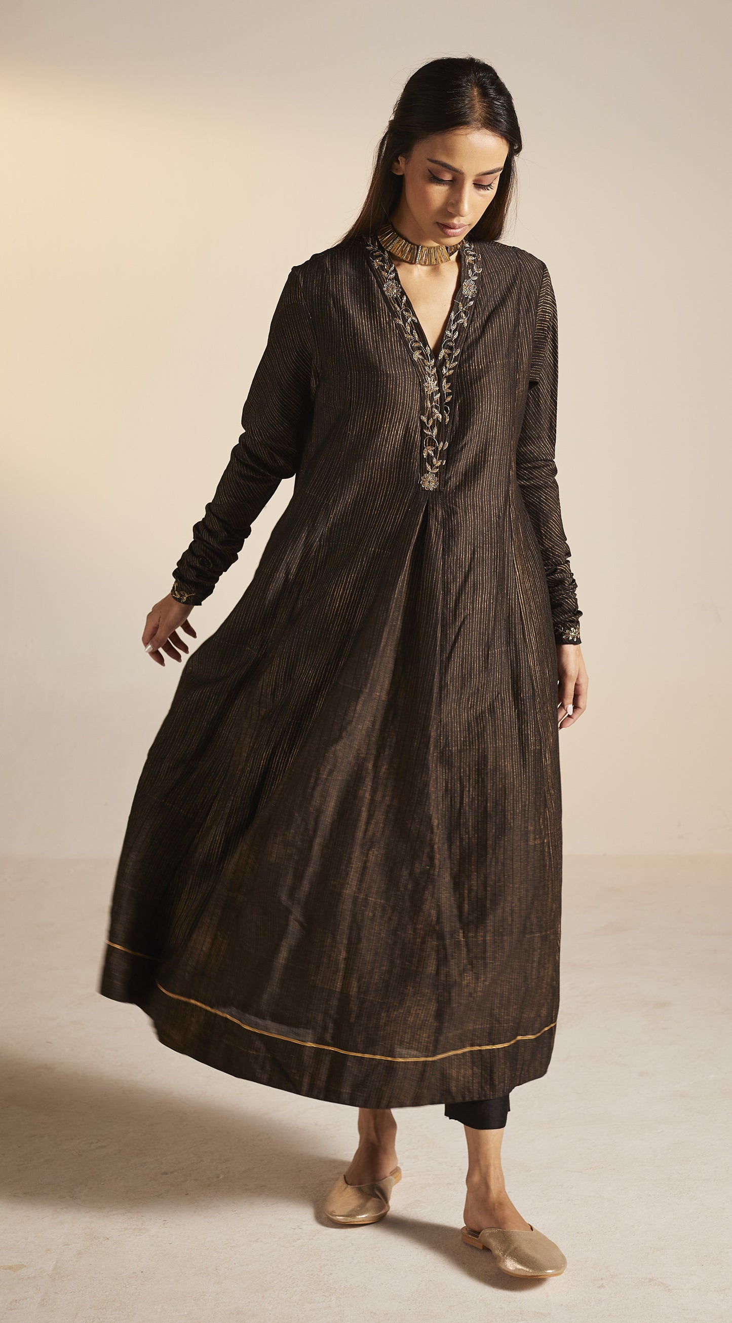 Sashiko in Black Stripe Print Chanderi with Pants