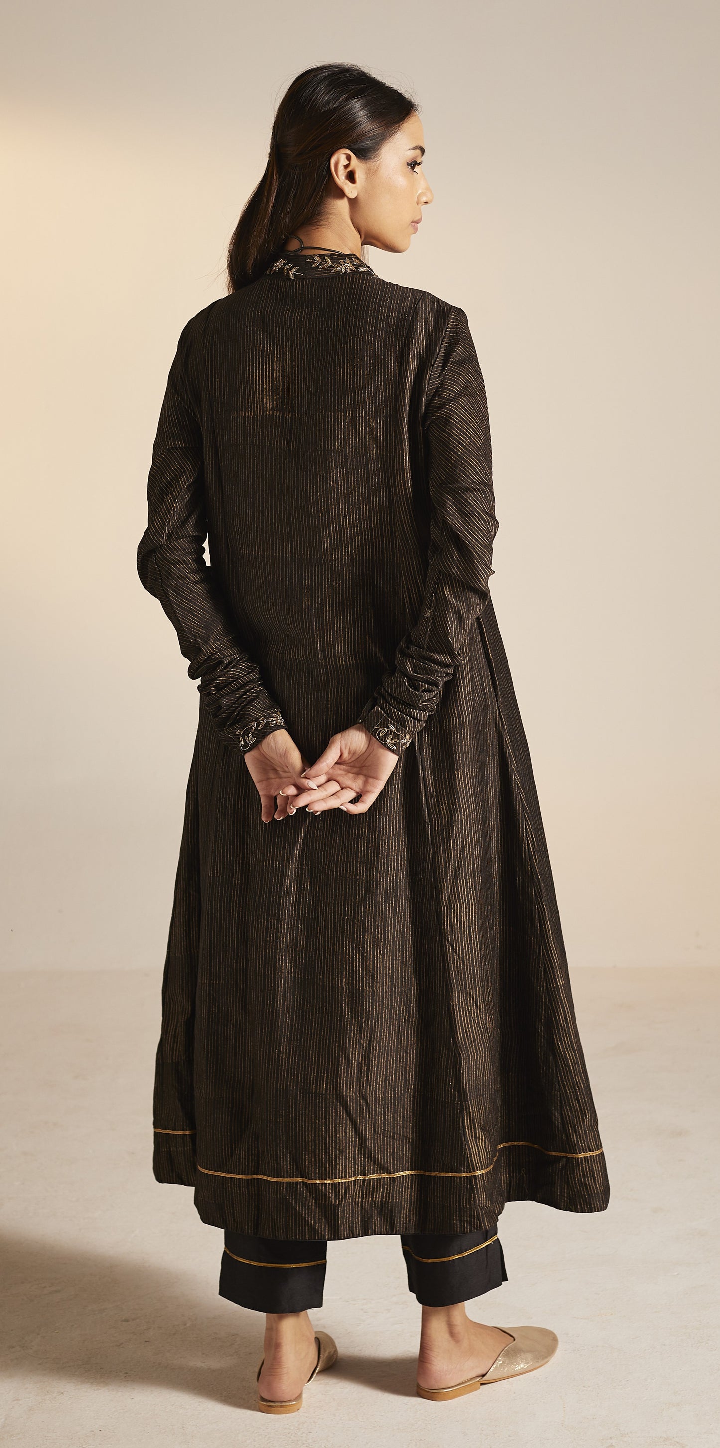 Sashiko in Black Stripe Print Chanderi with Pants