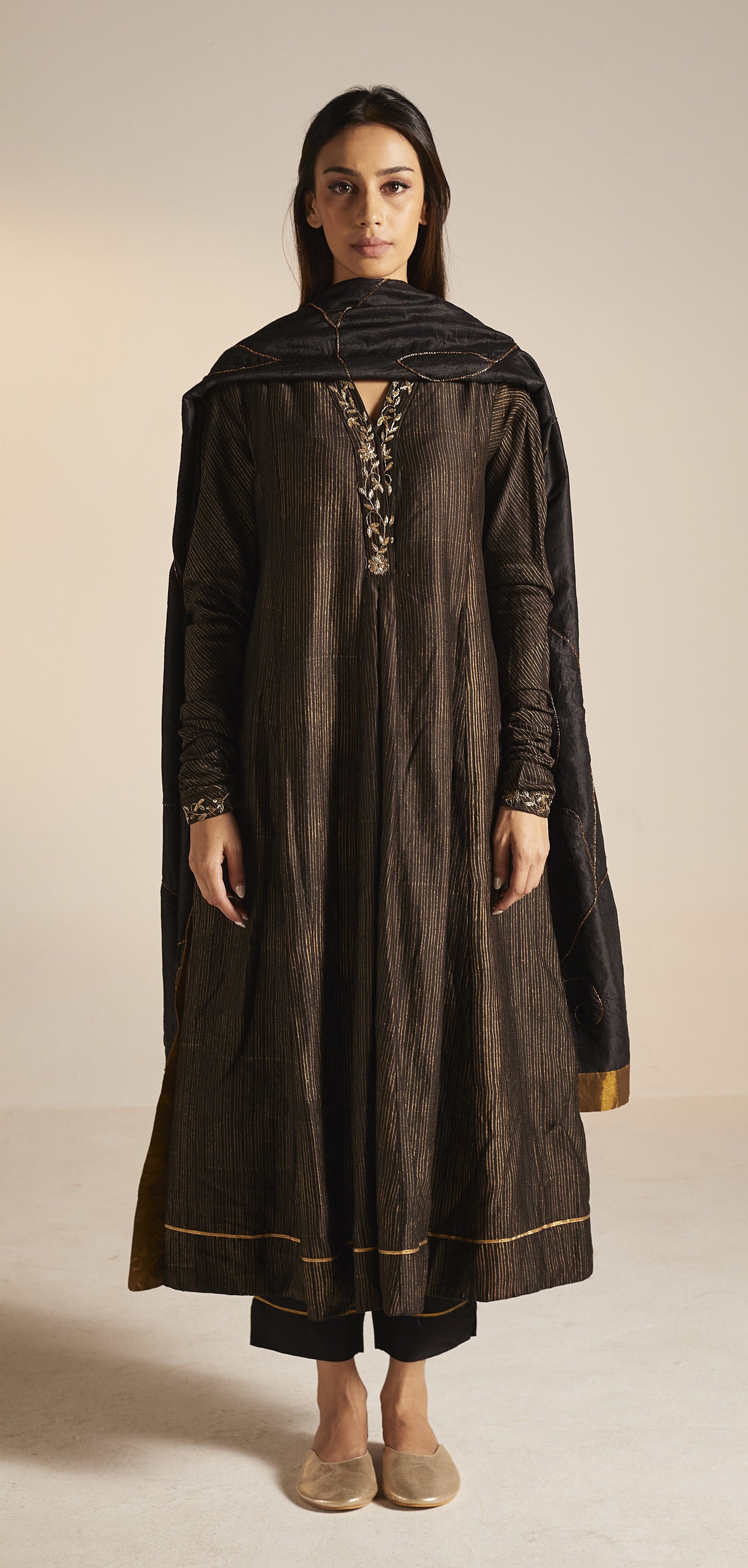 Sashiko in Black Stripe Print Chanderi with Pants