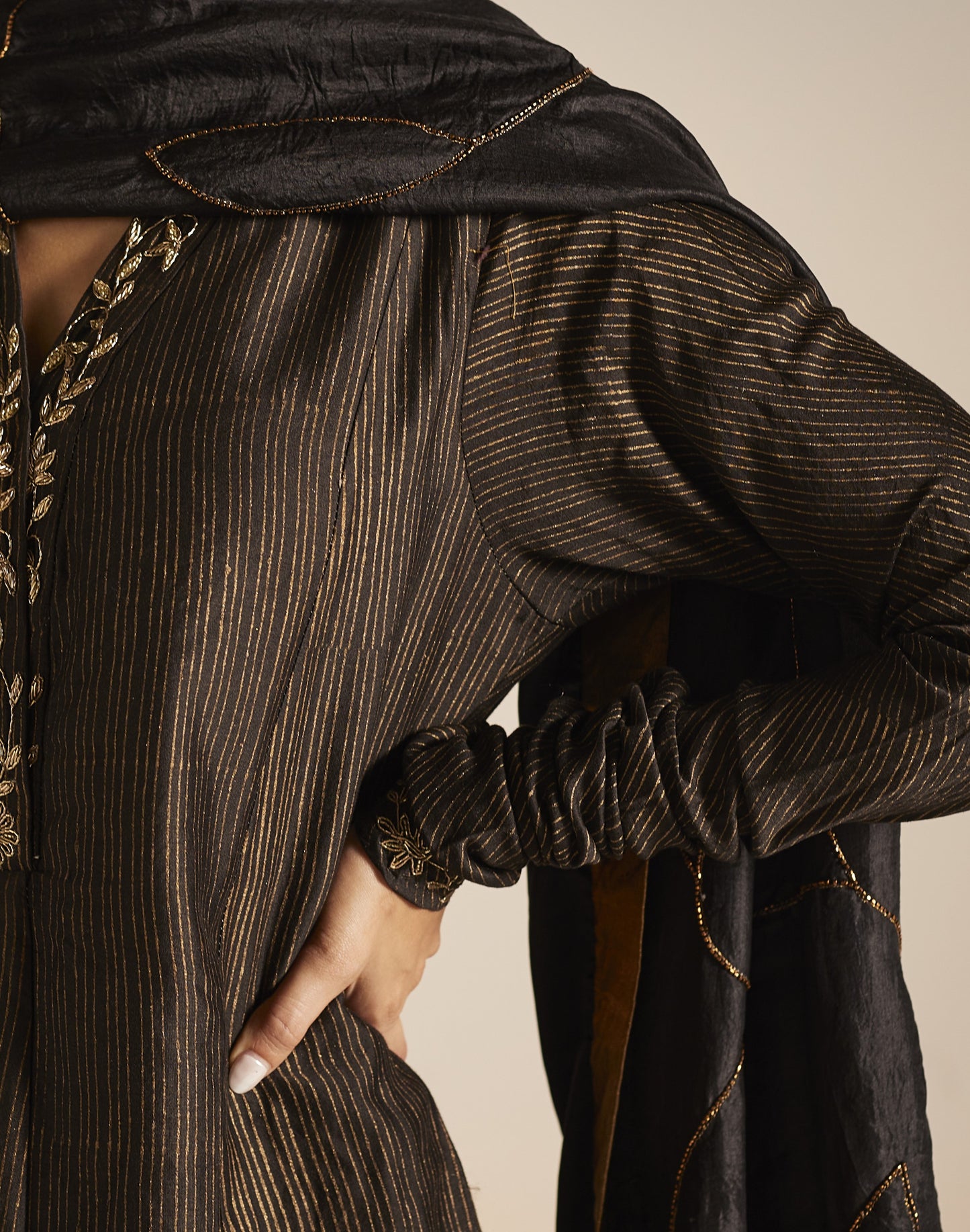Sashiko in Black Stripe Print Chanderi with Pants