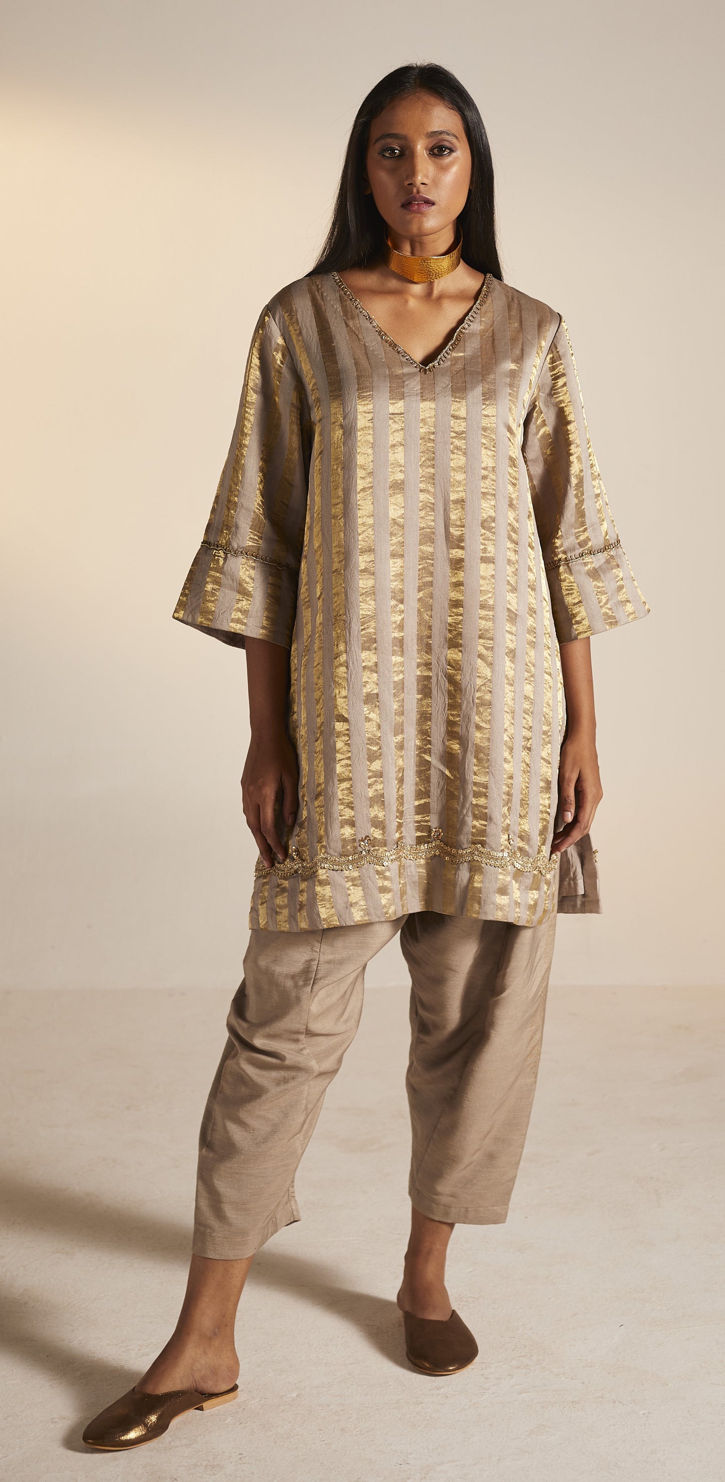 Mini Kurta In Champagne Grey Tissue Stripes Chanderi with Shalwar