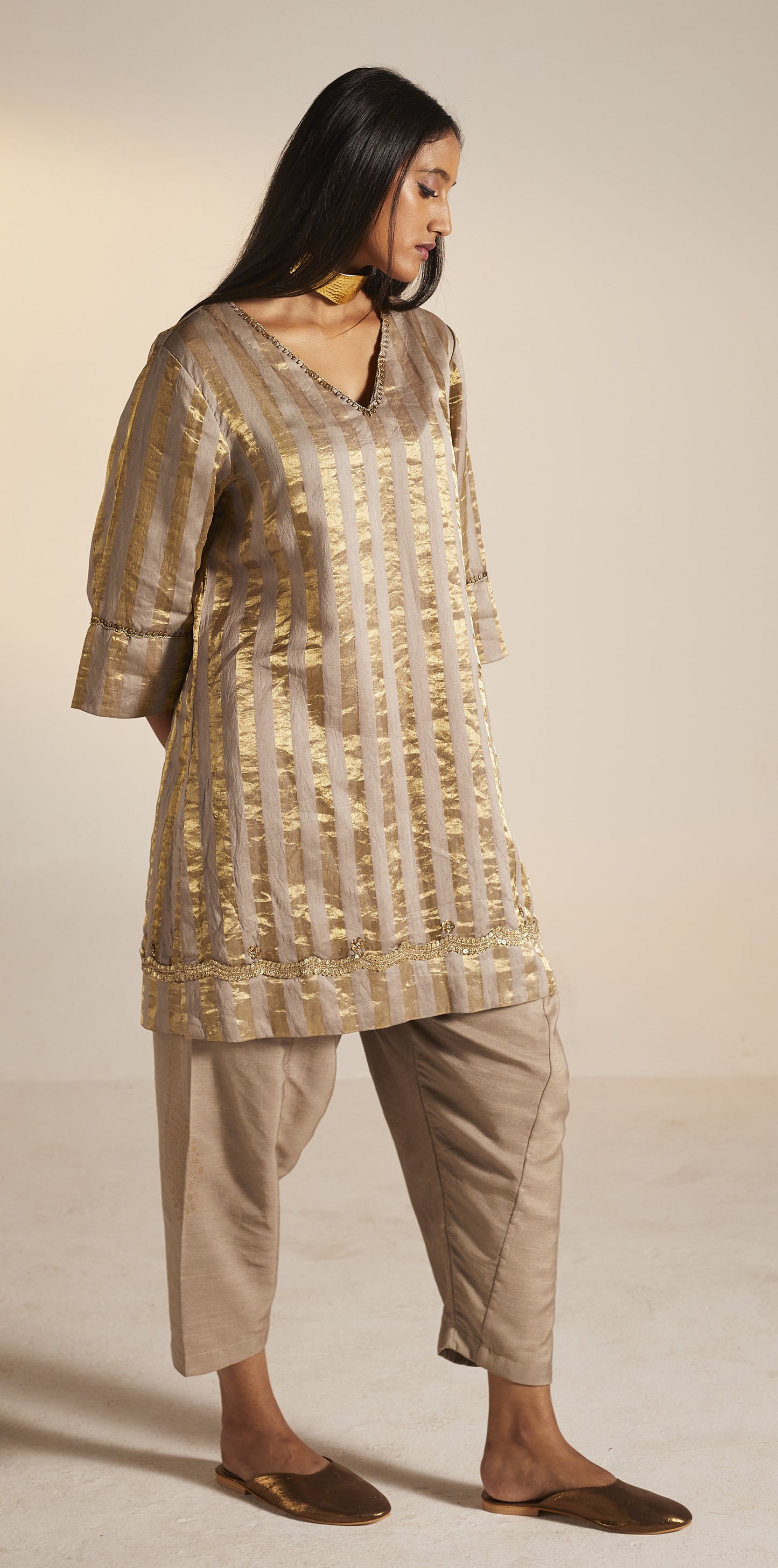 Mini Kurta In Champagne Grey Tissue Stripes Chanderi with Shalwar