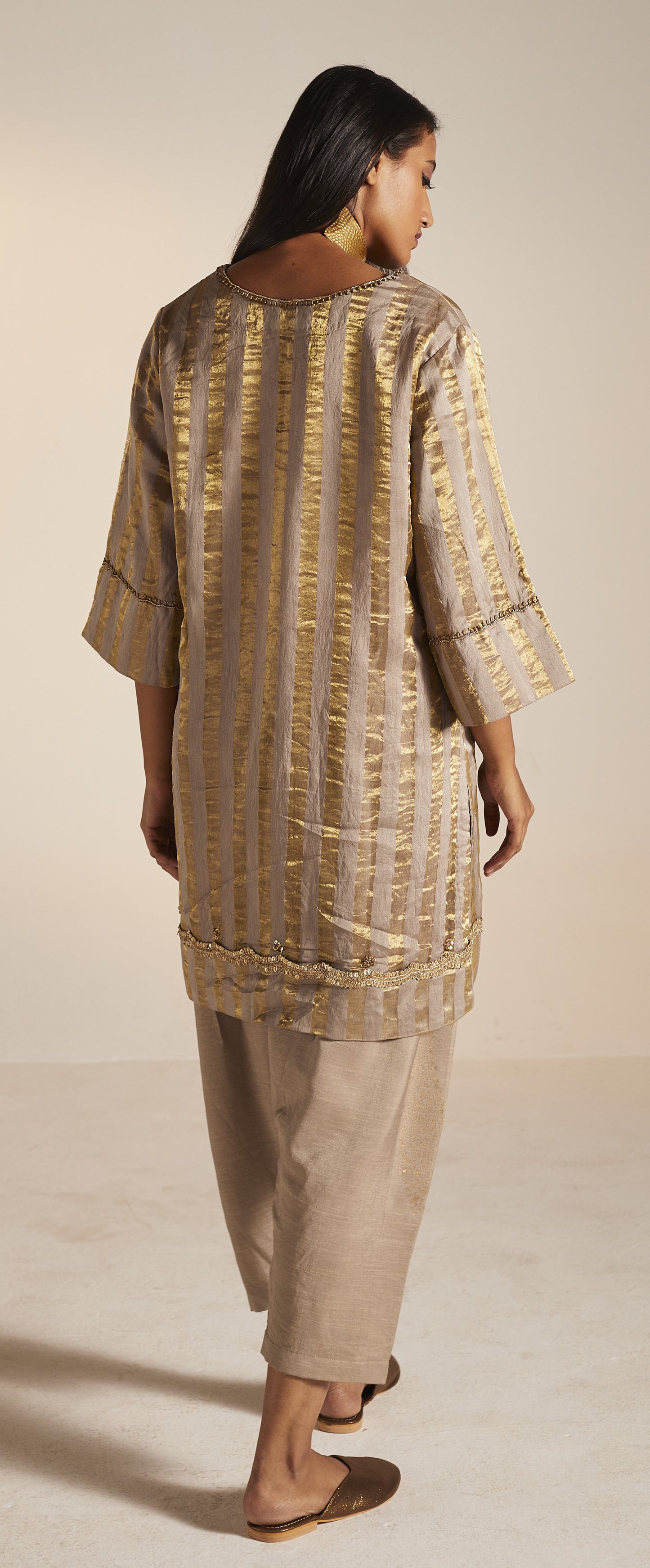 Mini Kurta In Champagne Grey Tissue Stripes Chanderi with Shalwar