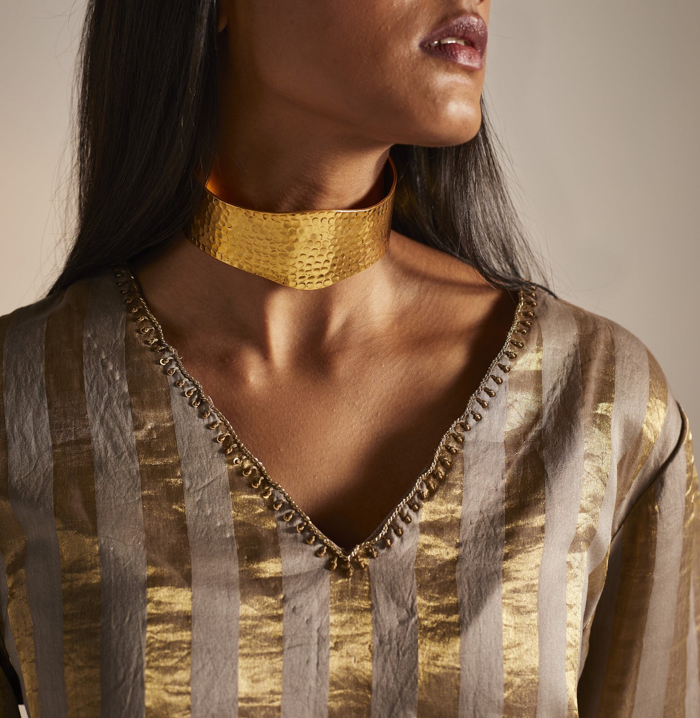 Mini Kurta In Champagne Grey Tissue Stripes Chanderi with Shalwar