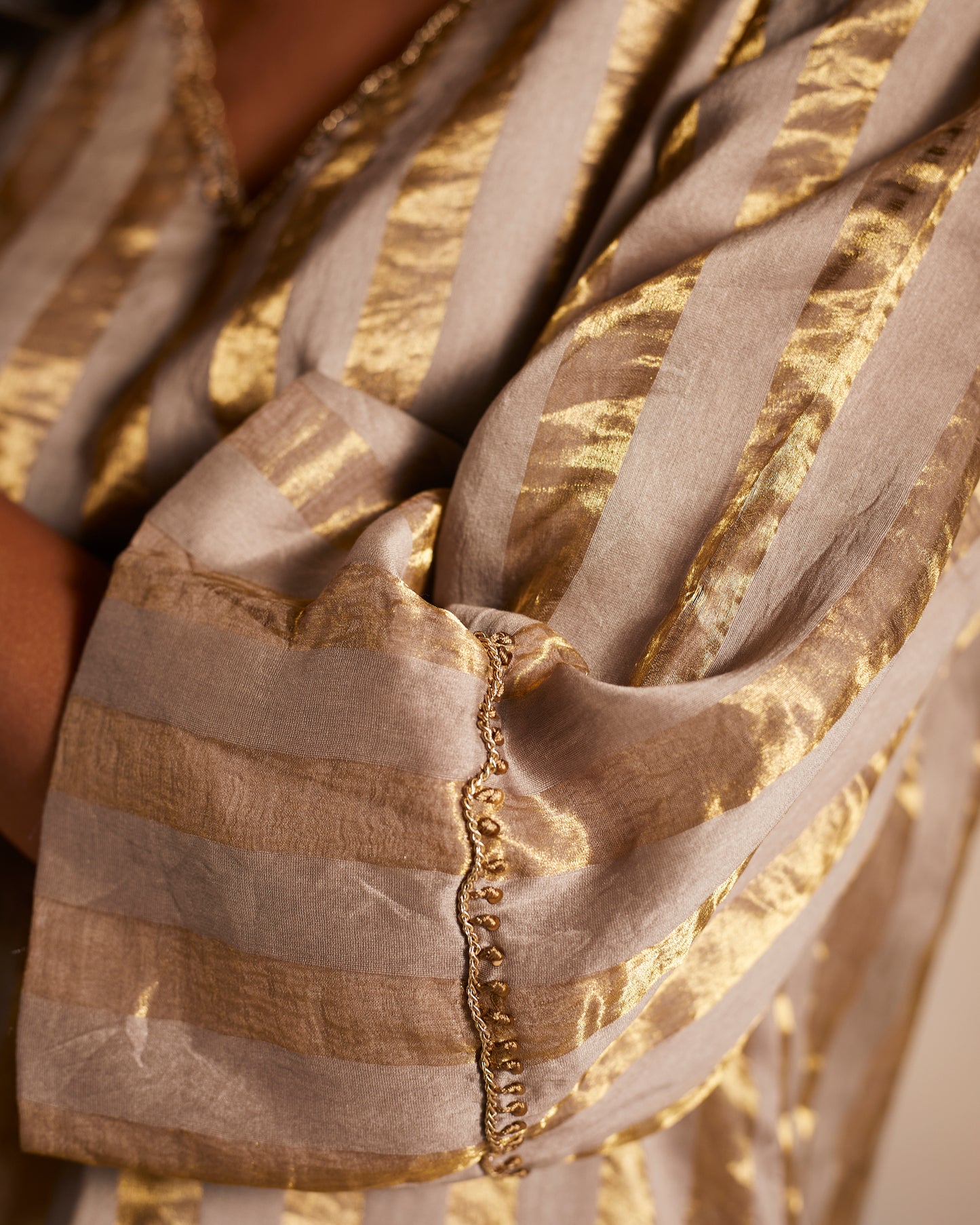 Mini Kurta In Champagne Grey Tissue Stripes Chanderi with Shalwar