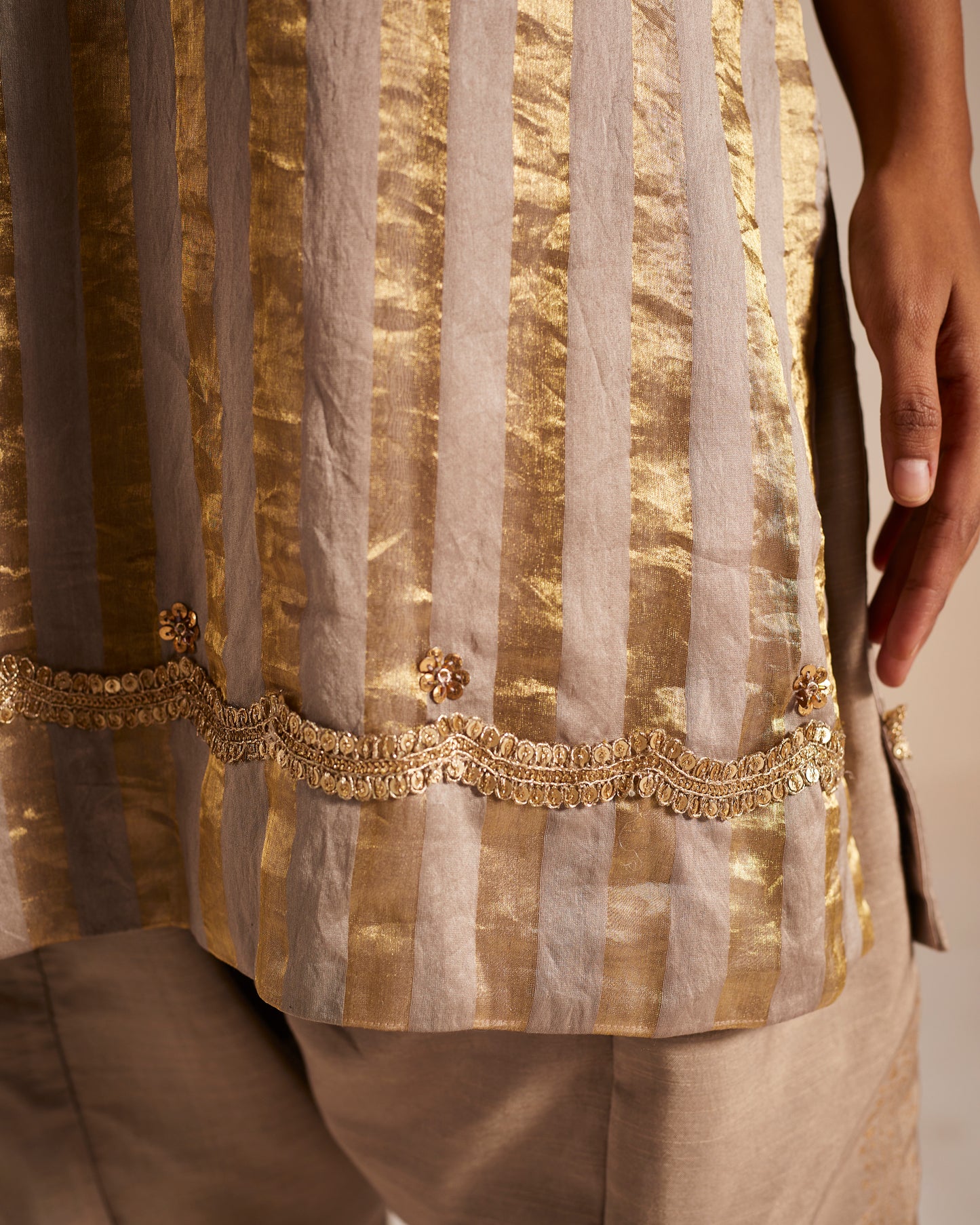 Mini Kurta In Champagne Grey Tissue Stripes Chanderi with Shalwar