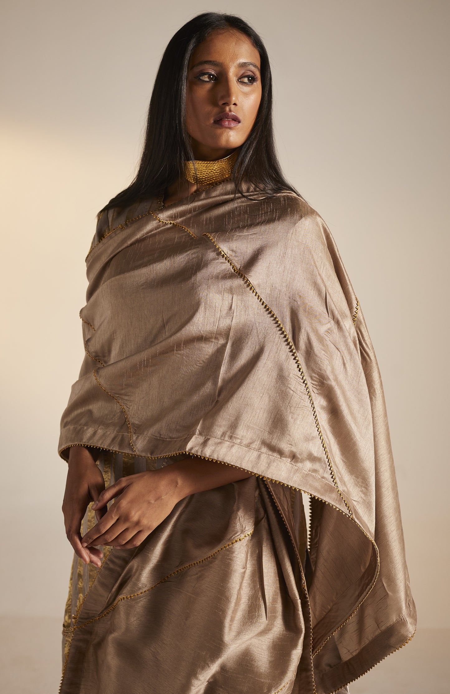 Mini Kurta In Champagne Grey Tissue Stripes Chanderi with Shalwar