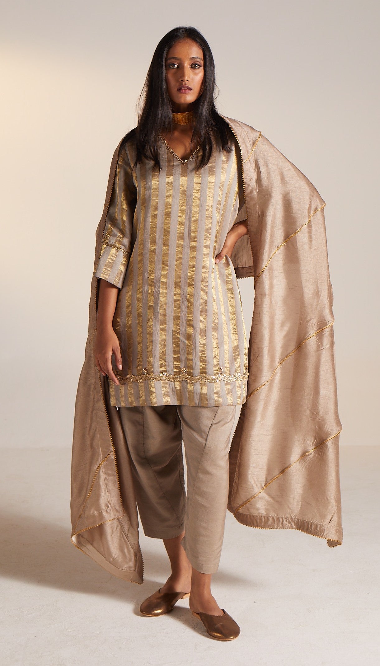 Mini Kurta In Champagne Grey Tissue Stripes Chanderi with Shalwar