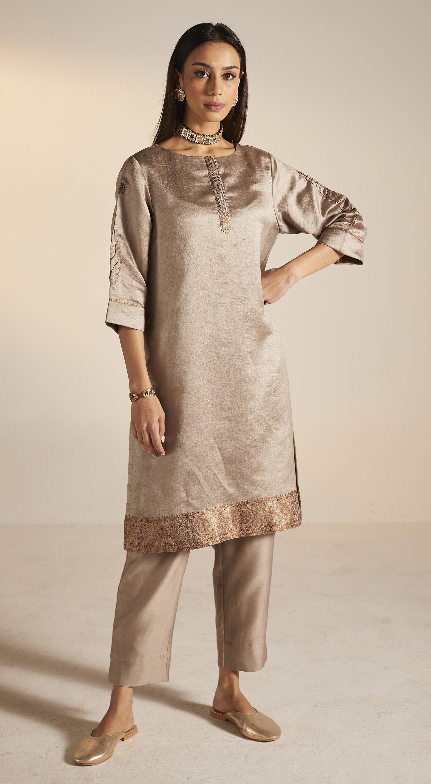 HK Kurta in Champagne Grey Banarasi Silk with Pants