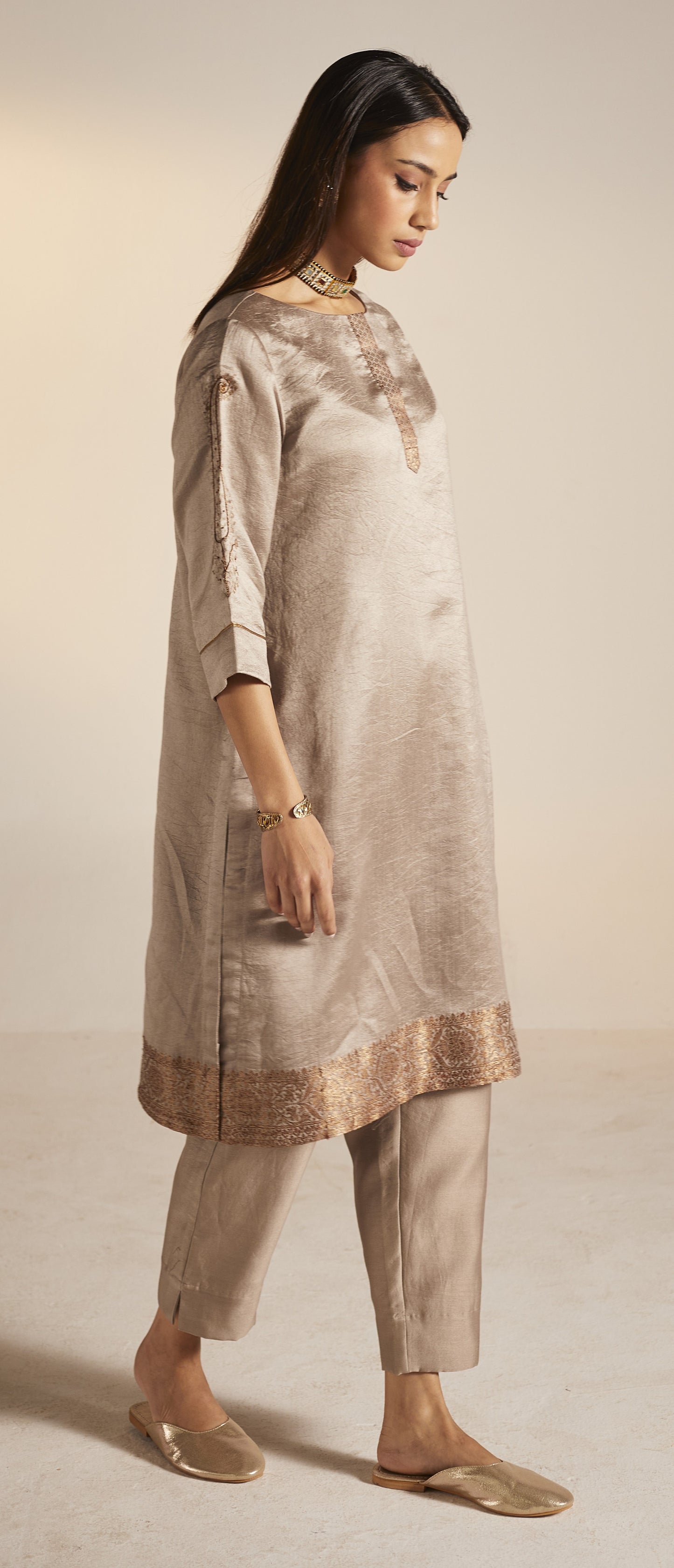 HK Kurta in Champagne Grey Banarasi Silk with Pants