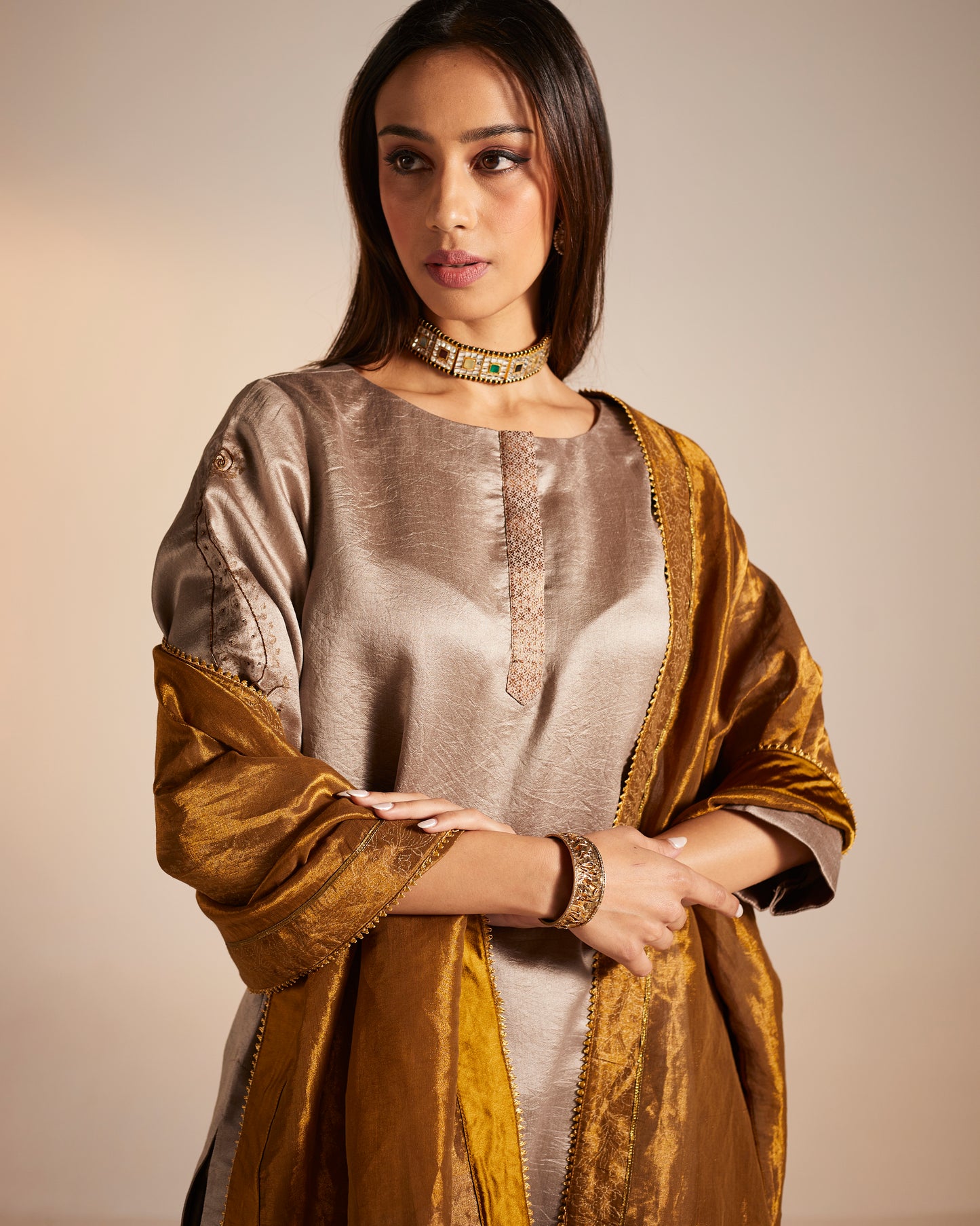 HK Kurta in Champagne Grey Banarasi Silk with Pants