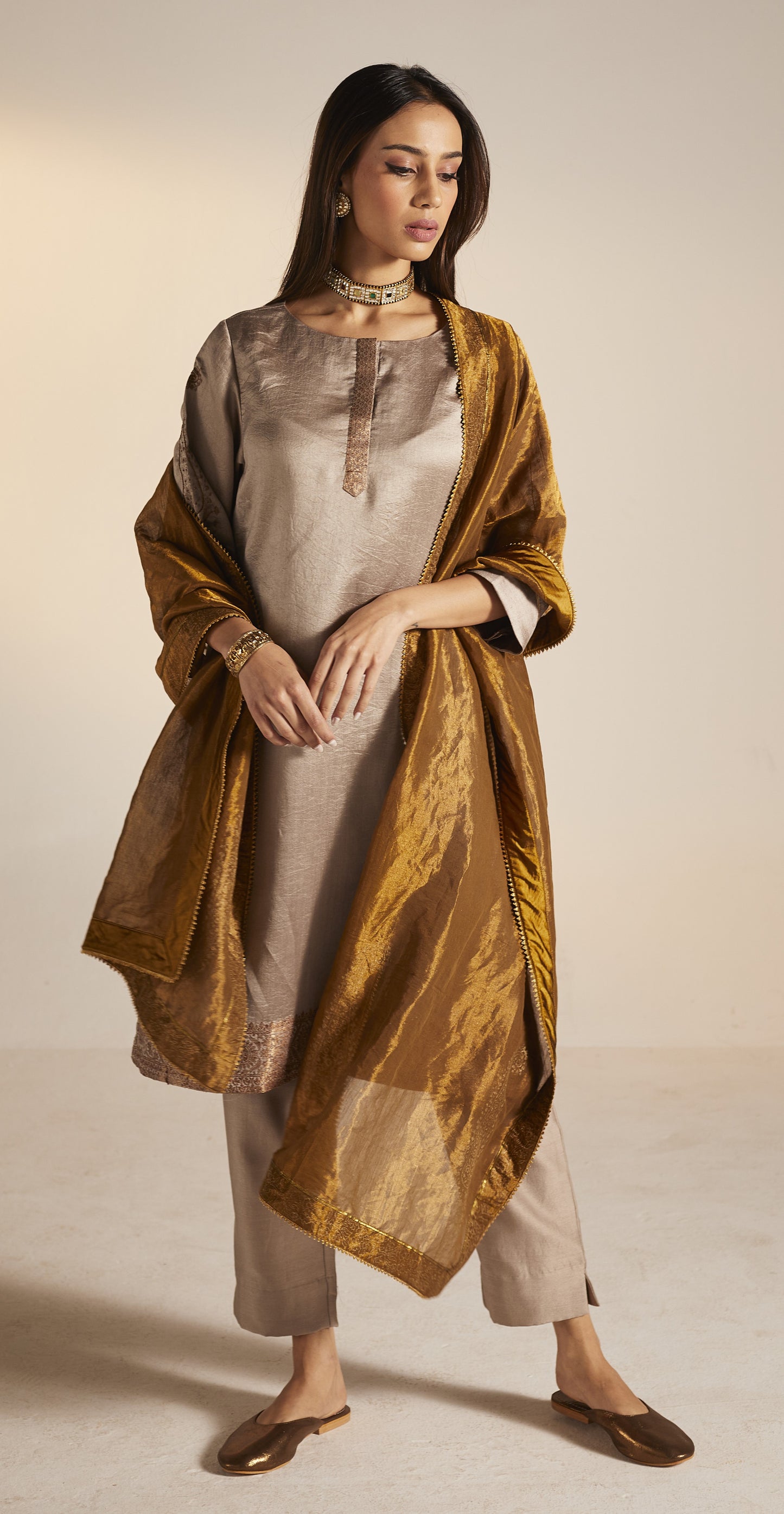 HK Kurta in Champagne Grey Banarasi Silk with Pants