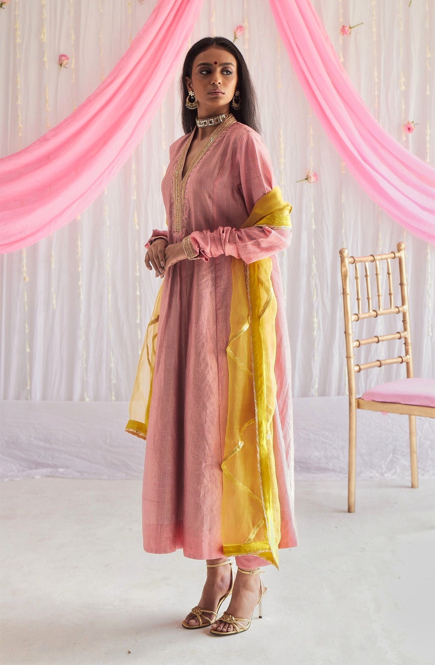 Sashiko in Gulab Pink Stripe Print Chanderi with Pants.