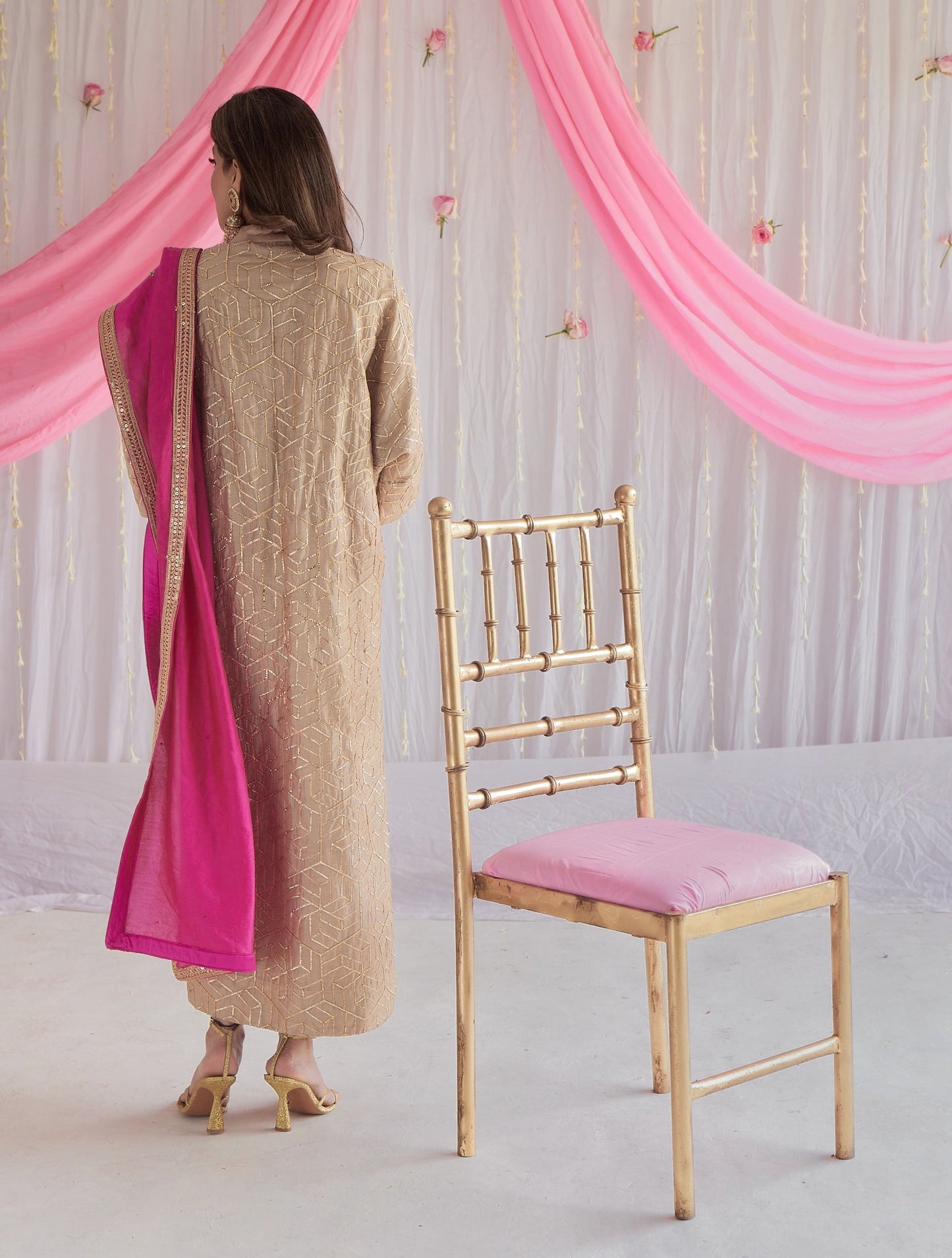 Kaftan in Pearl Beige Octa Gota Chanderi with Pants