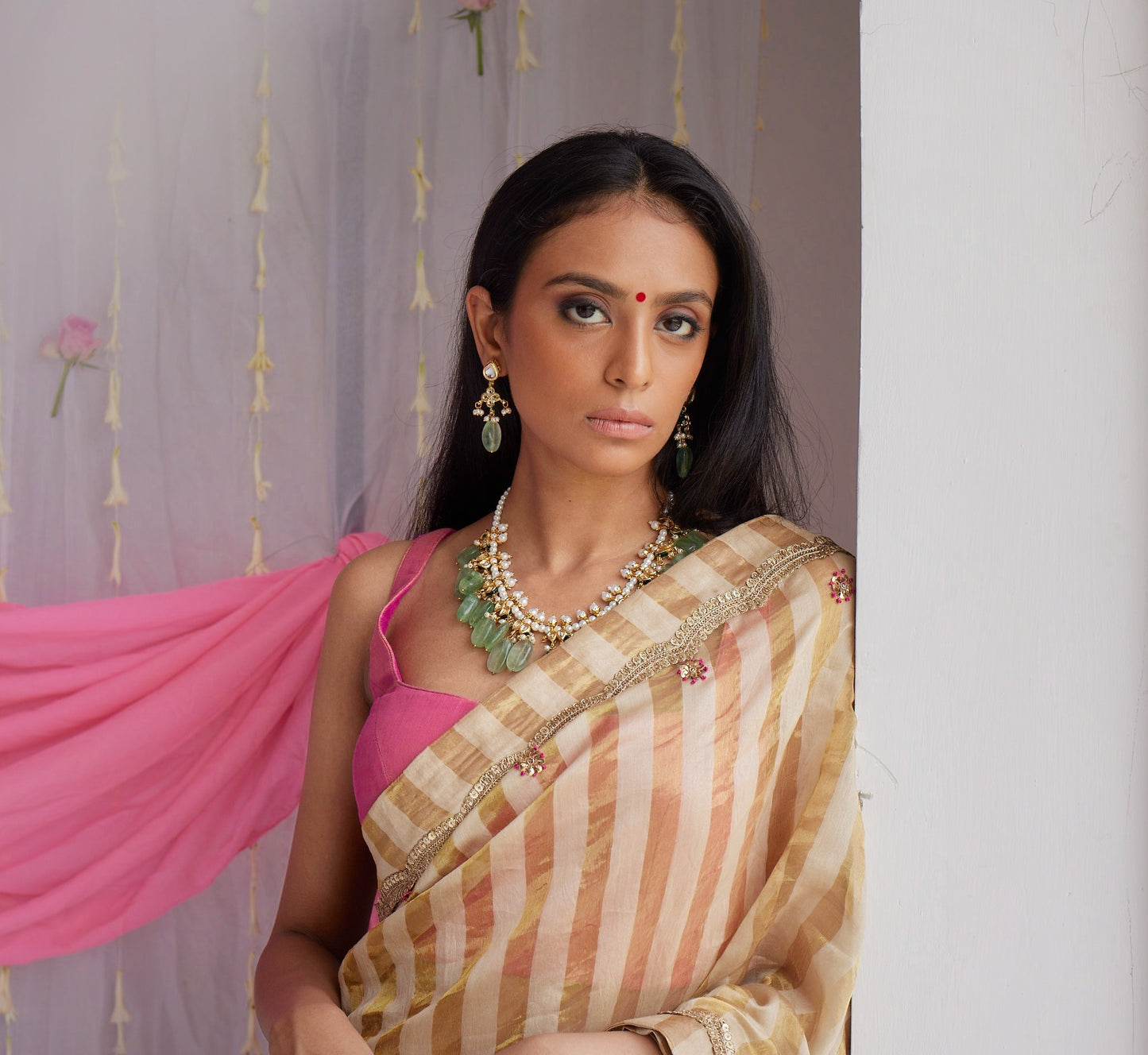 Sari in Pearl Beige Tissue Stripes Chanderi