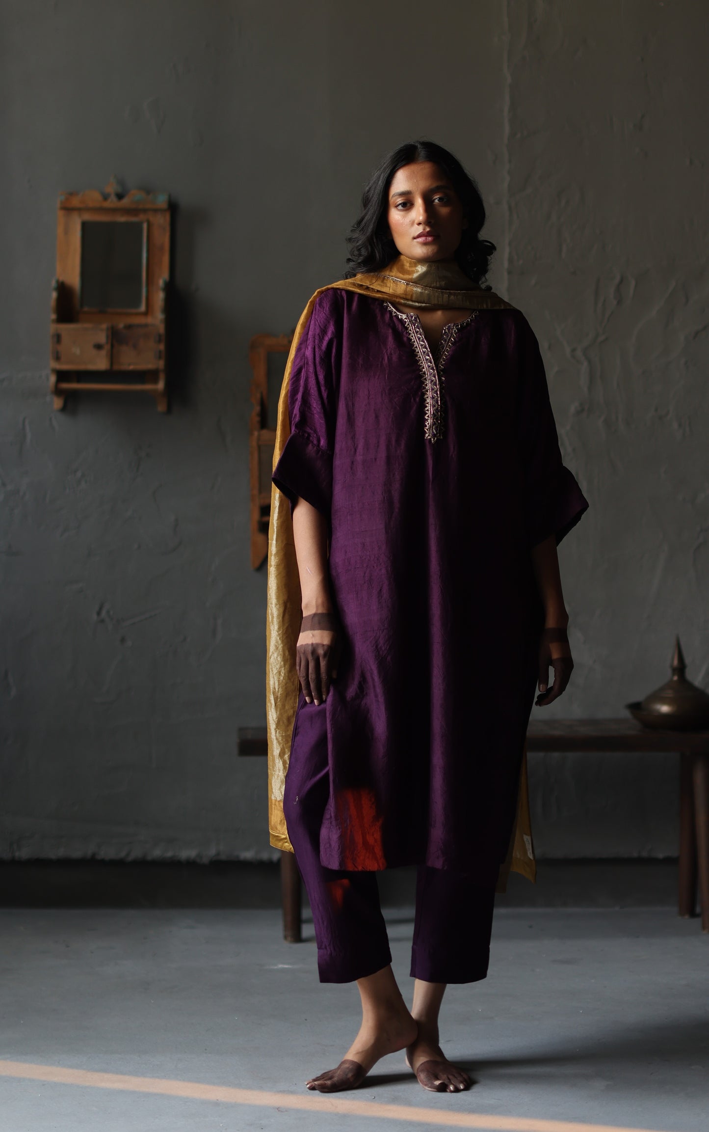 Sherbet Kaftan in Garnet Purple Silk with Pants