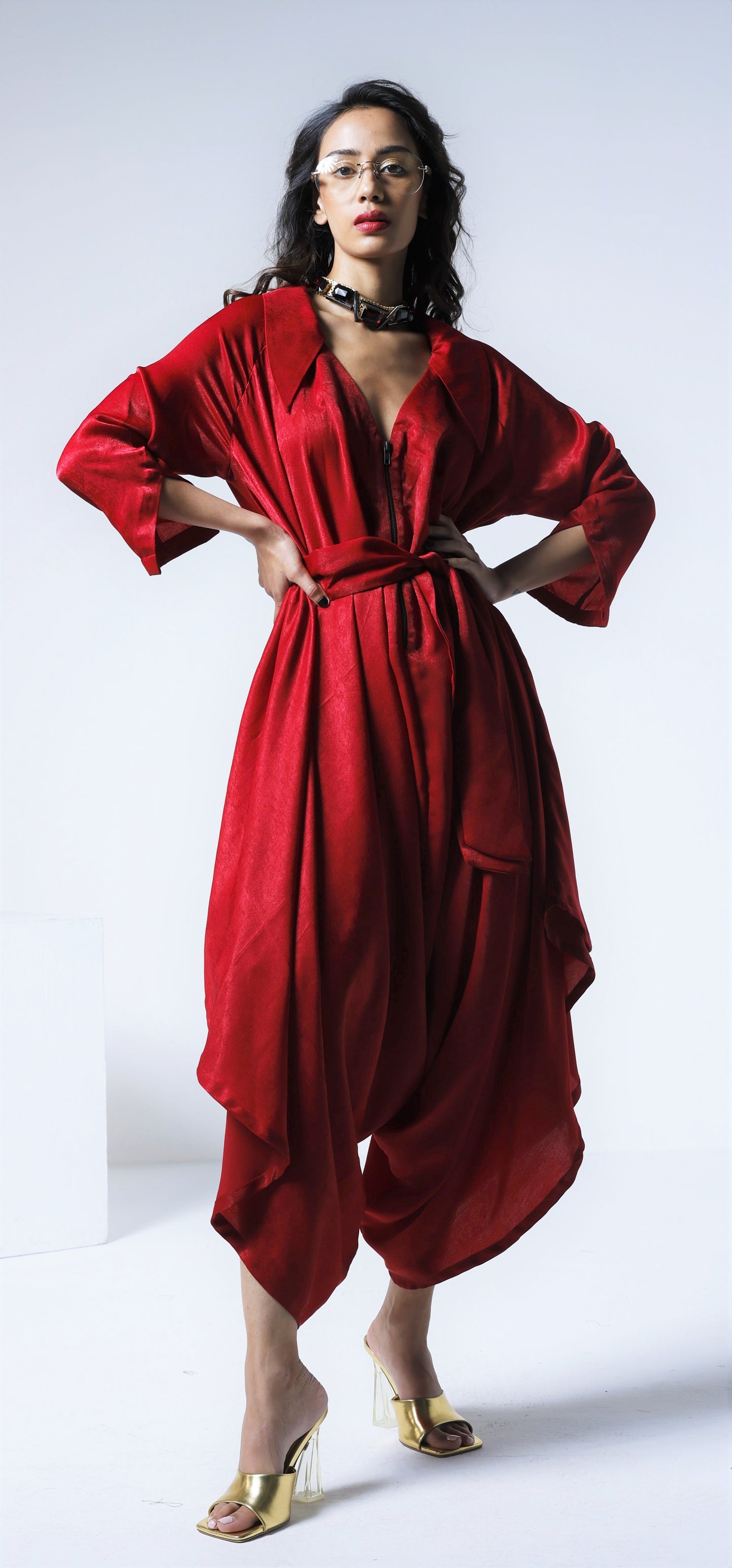 Cowl Jumpsuit in Red Silky Satin