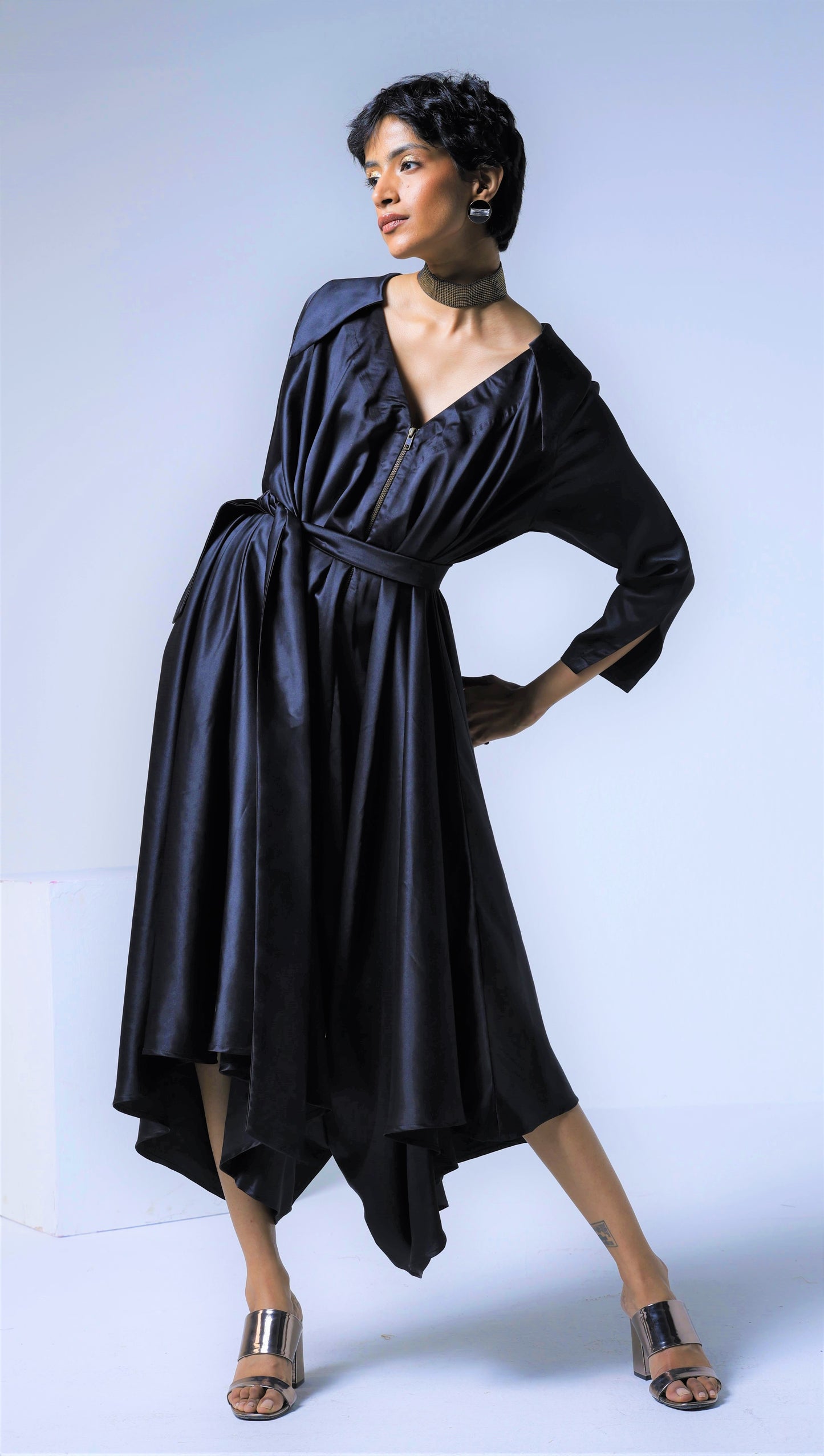 Cowl Jumpsuit in Black Silky Satin