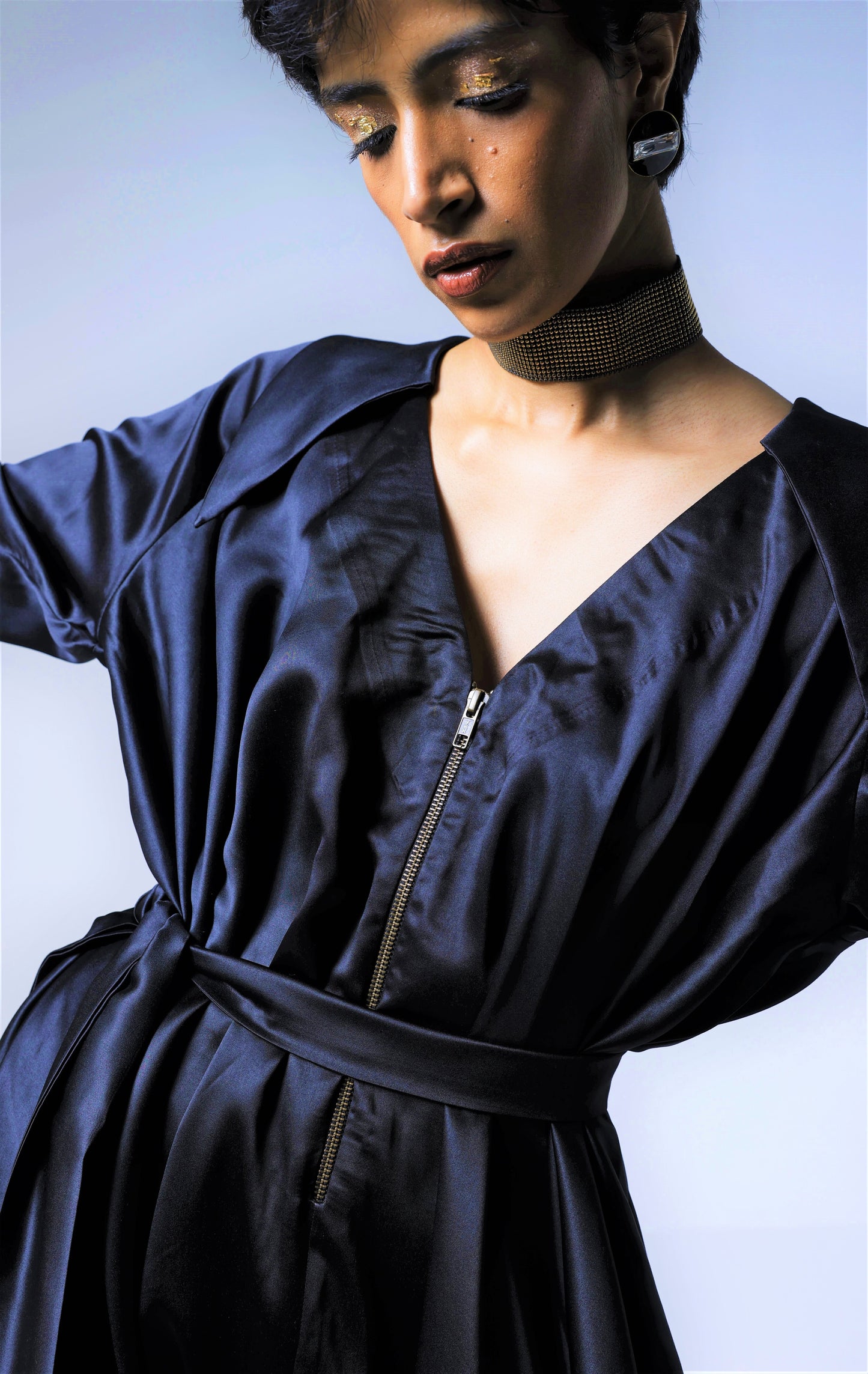 Cowl Jumpsuit in Black Silky Satin