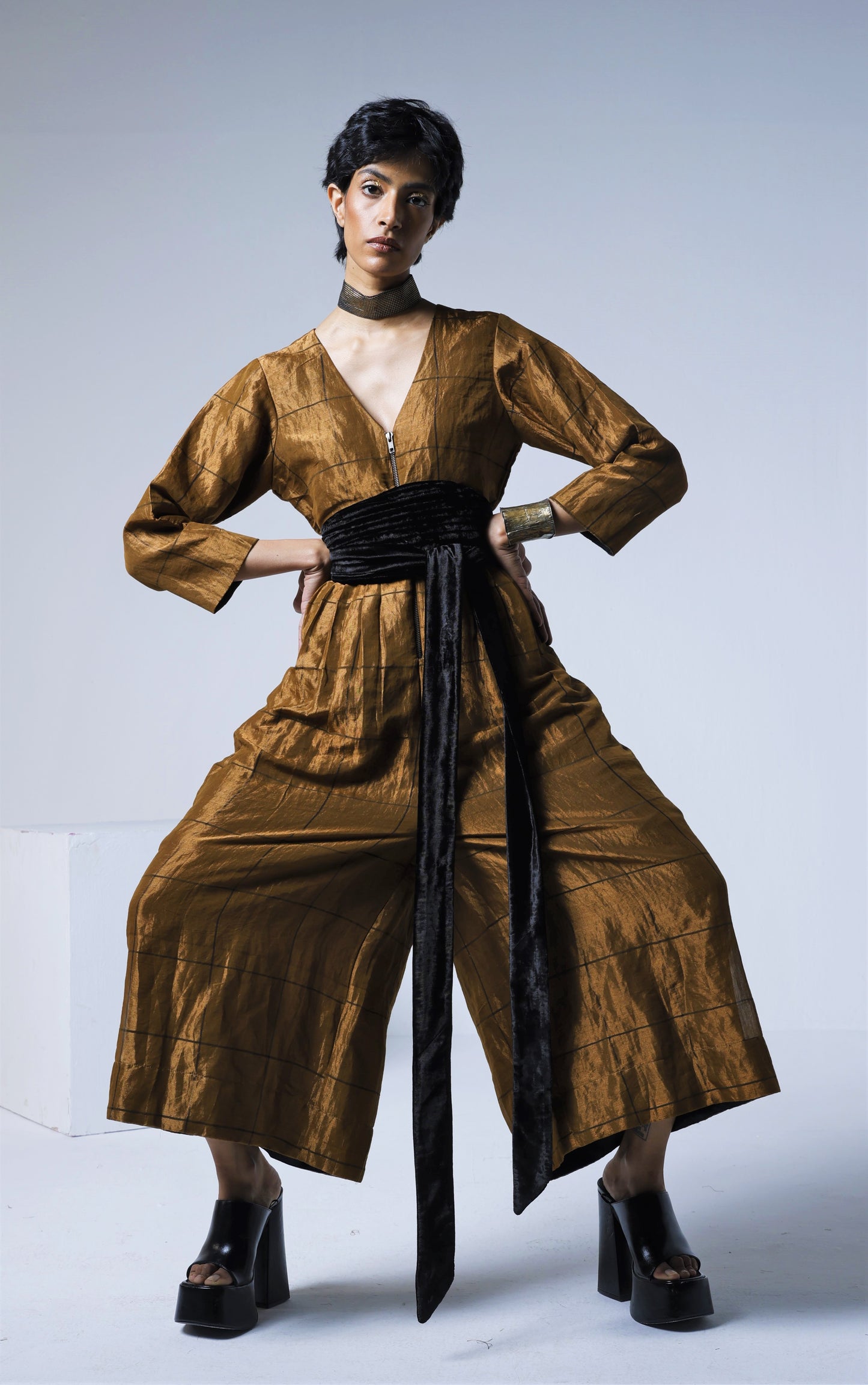 Volume Jumpsuit in Table checks Copper Tissue