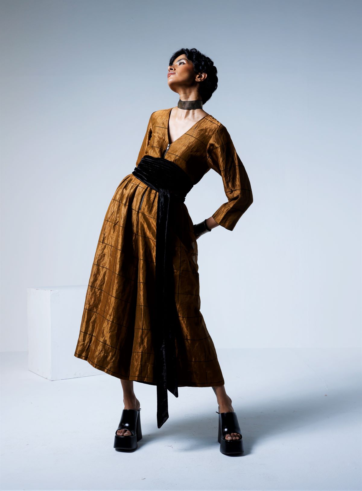 Volume Jumpsuit in Table checks Copper Tissue
